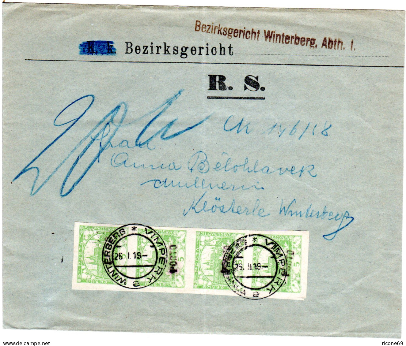 Tschechoslowakei 1919, 4x5 H. Porto Auf Rückschein Brief V. Winterberg - Covers & Documents