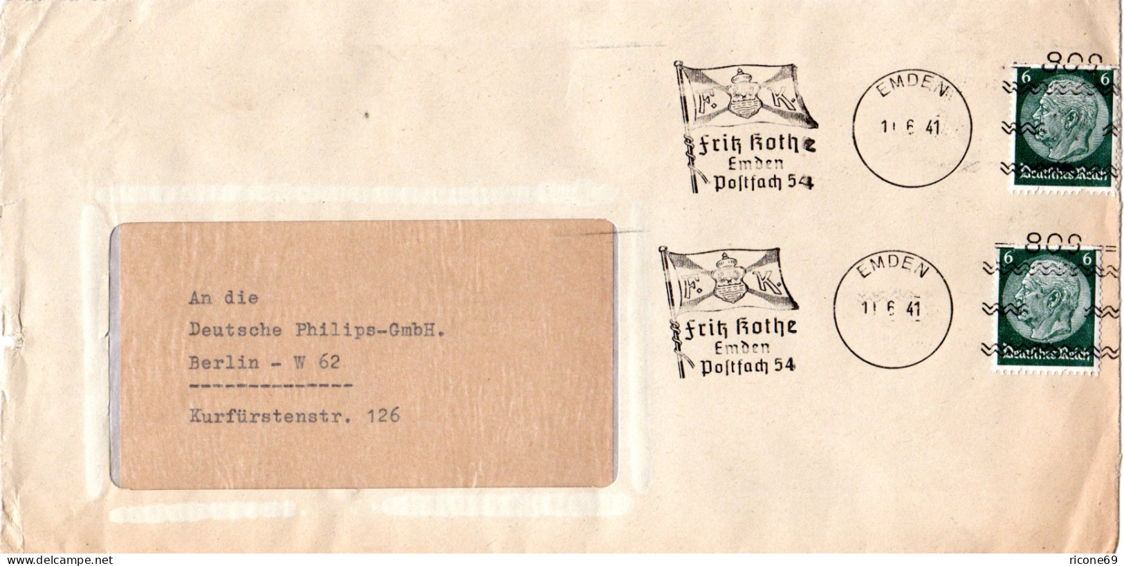 DR 1941, Freimarkenstempler 809 Emden F. Kohte Auf Brief M. 2mal 6 Pf. - Covers & Documents