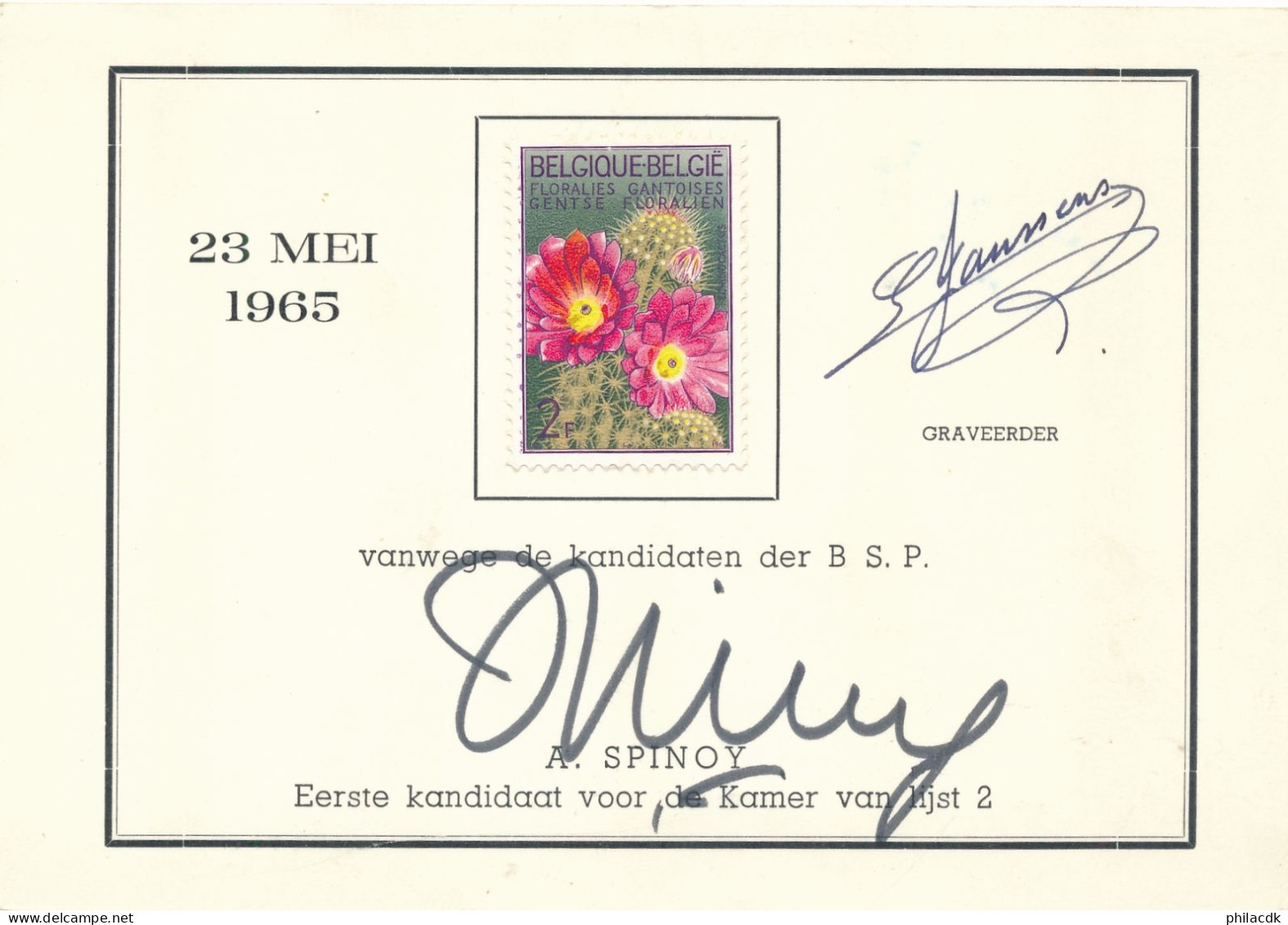 BELGIQUE - TIMBRE SUR CARTE SIGNE DU GRAVEUR 23 MAI 1965 - Storia Postale