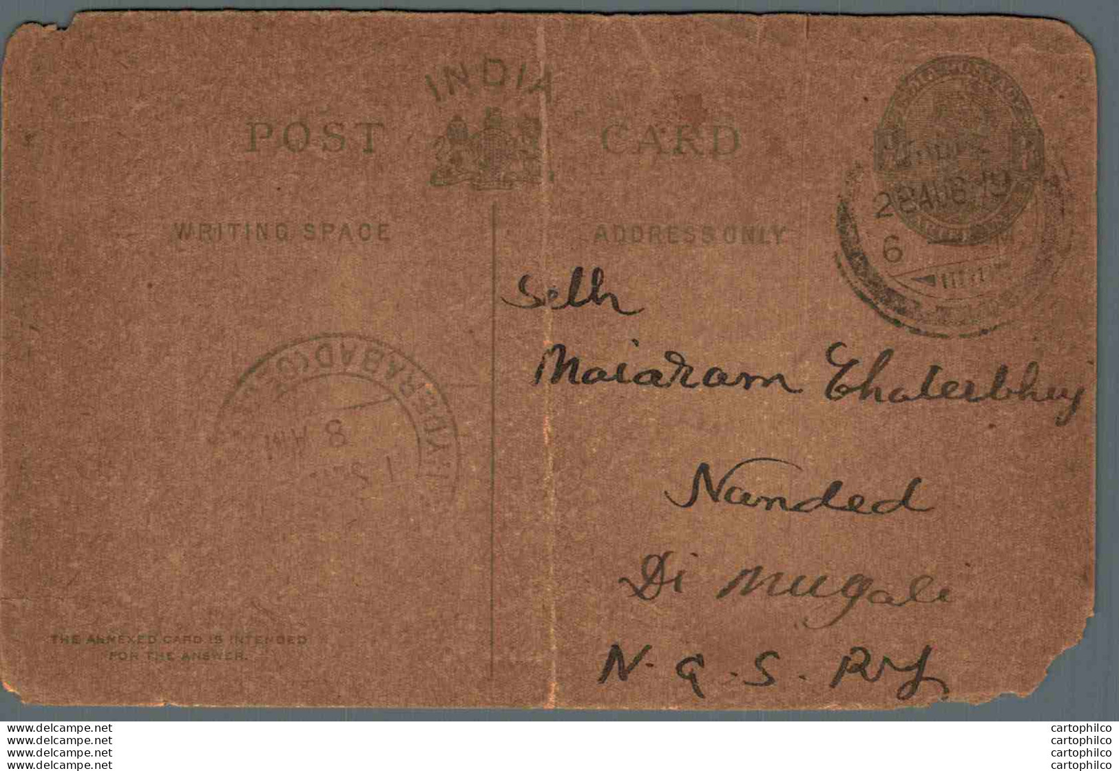 India Postal Stationery George V 1/4A Hyderabad Cds - Postcards