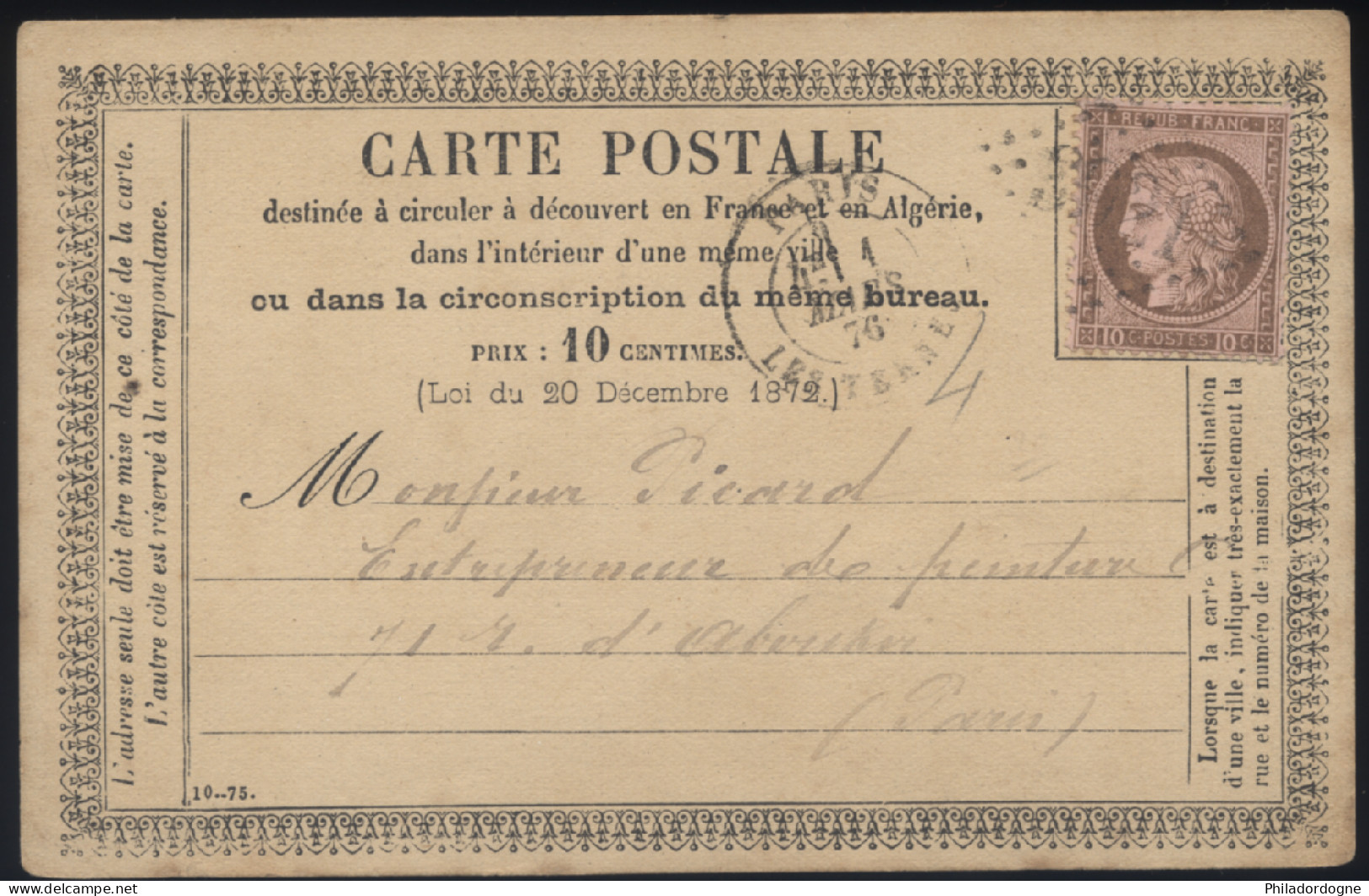 France - Yvert N° 54 Oblitéré Seul Sur CP Précurseur GC 3921 Paris Les Ternes Pour Paris - 03/1876 - 1871-1875 Cérès