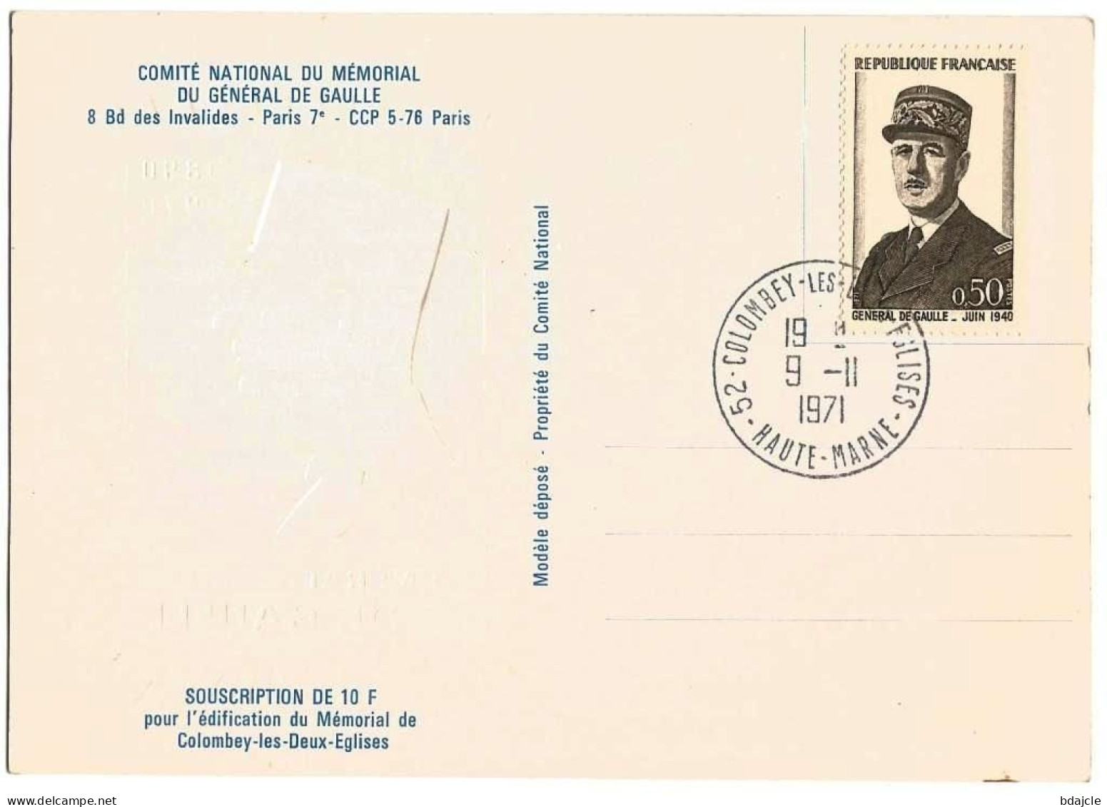 CP  - Comité National Du Mémorial Du Gal. De Gaulle -Colombey Les 2 Églises (Haute Marne) 09-11-1971 - Covers & Documents