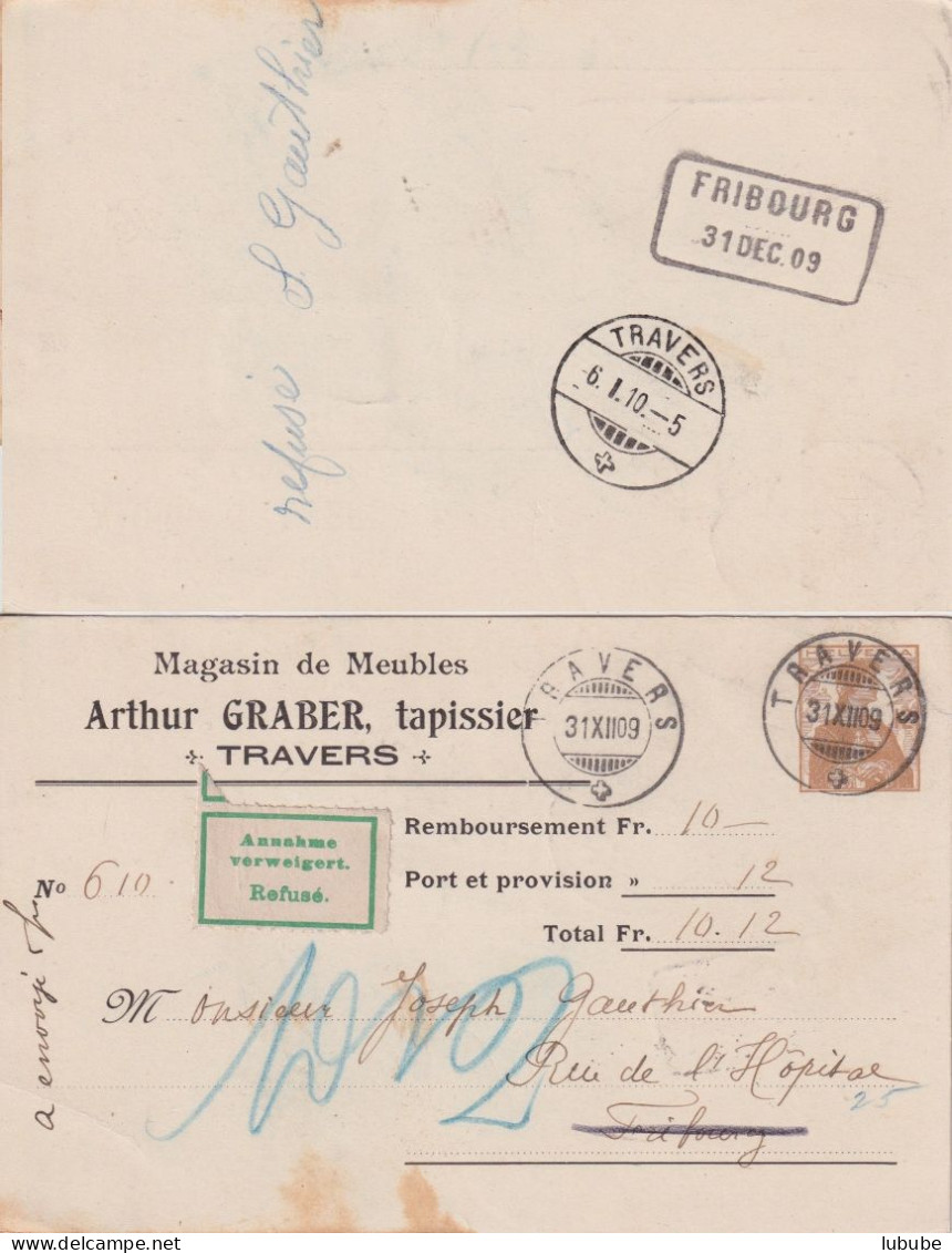 PrP-50  "Arthur Graber, Tapissier, Travers" - Fribourg       1909 - Enteros Postales