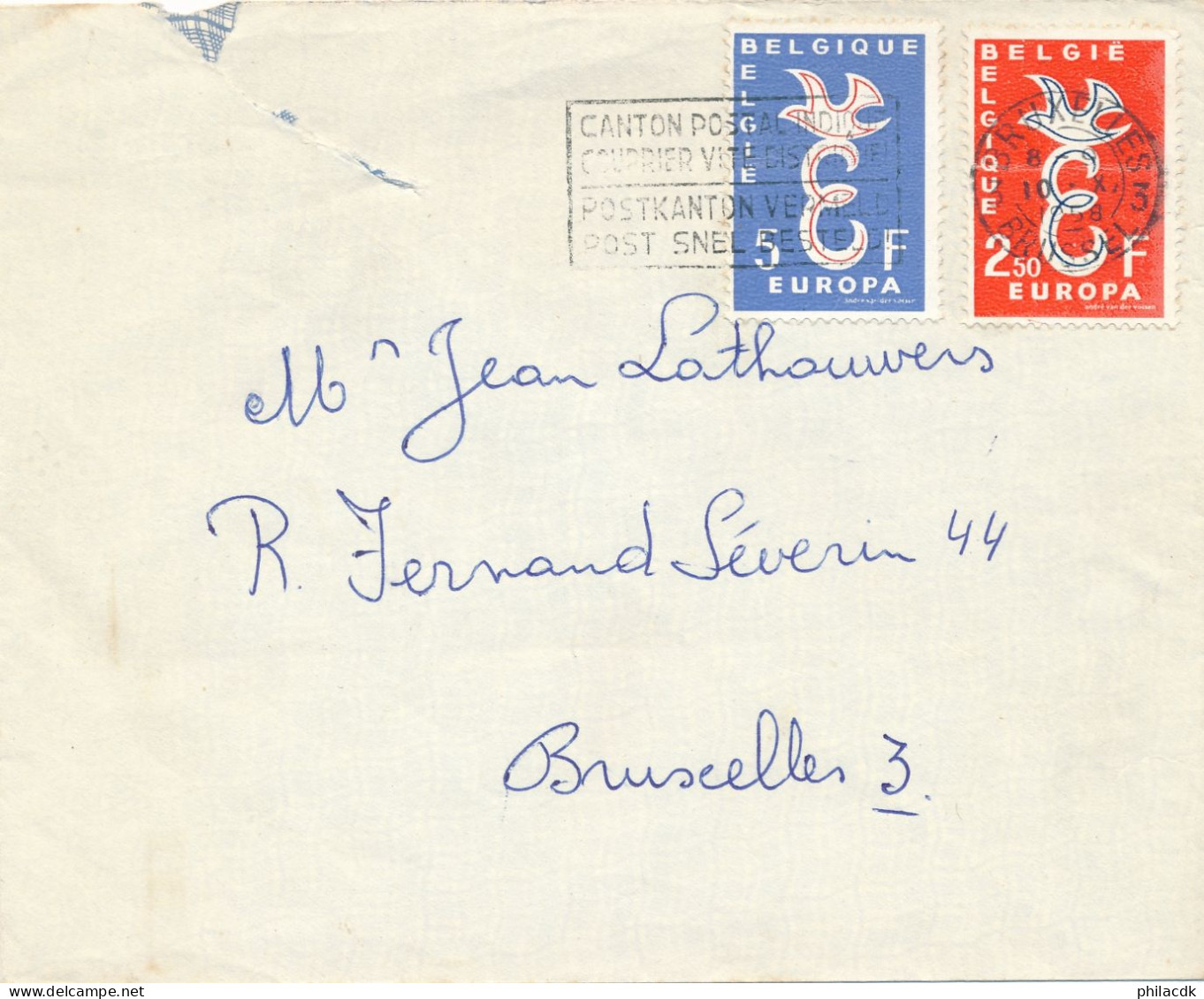 BELGIQUE - 2 TIMBRES EUROPA SUR ENVELOPPE OBLITEREE AVEC CANTON POSTAL INDIQUE CAD DU BRUXELLES DU 10 0CTOBRE 1958 - Storia Postale