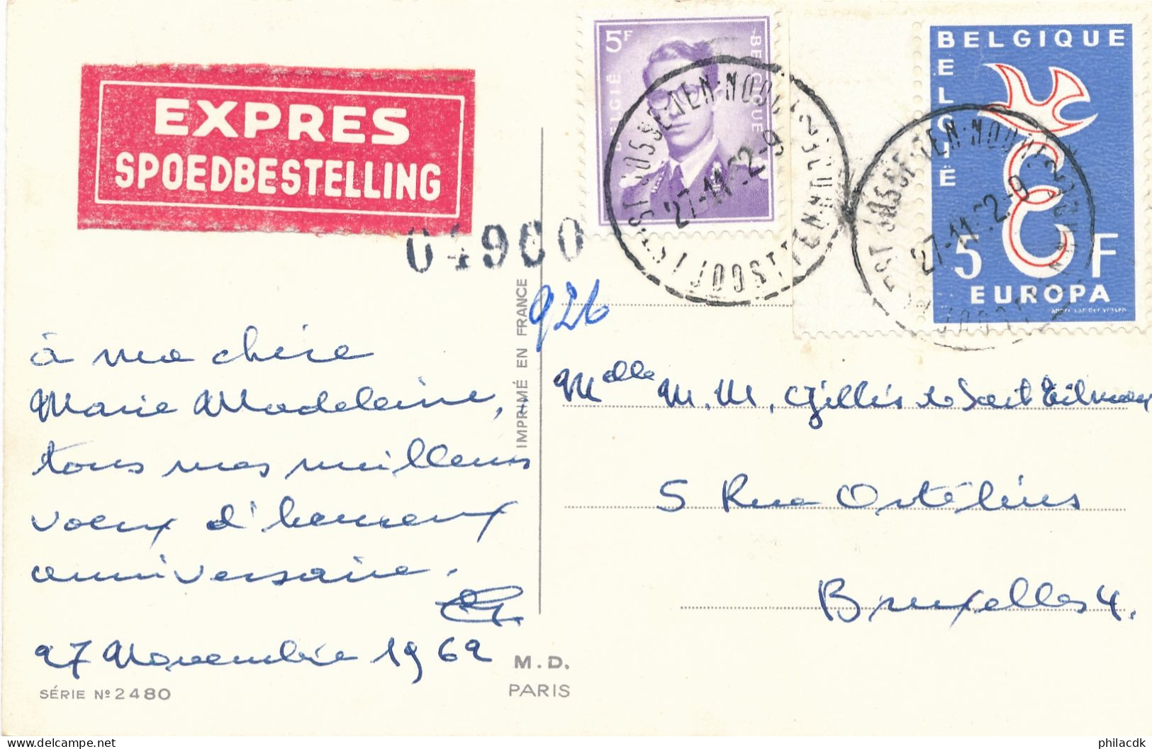 BELGIQUE - 2 TIMBRES SUR CARTE OBLITEREE AVEC CAD DU 27 NOVEMBRE 1962 DONT 1 TIMBRE EUROPA - Lettres & Documents