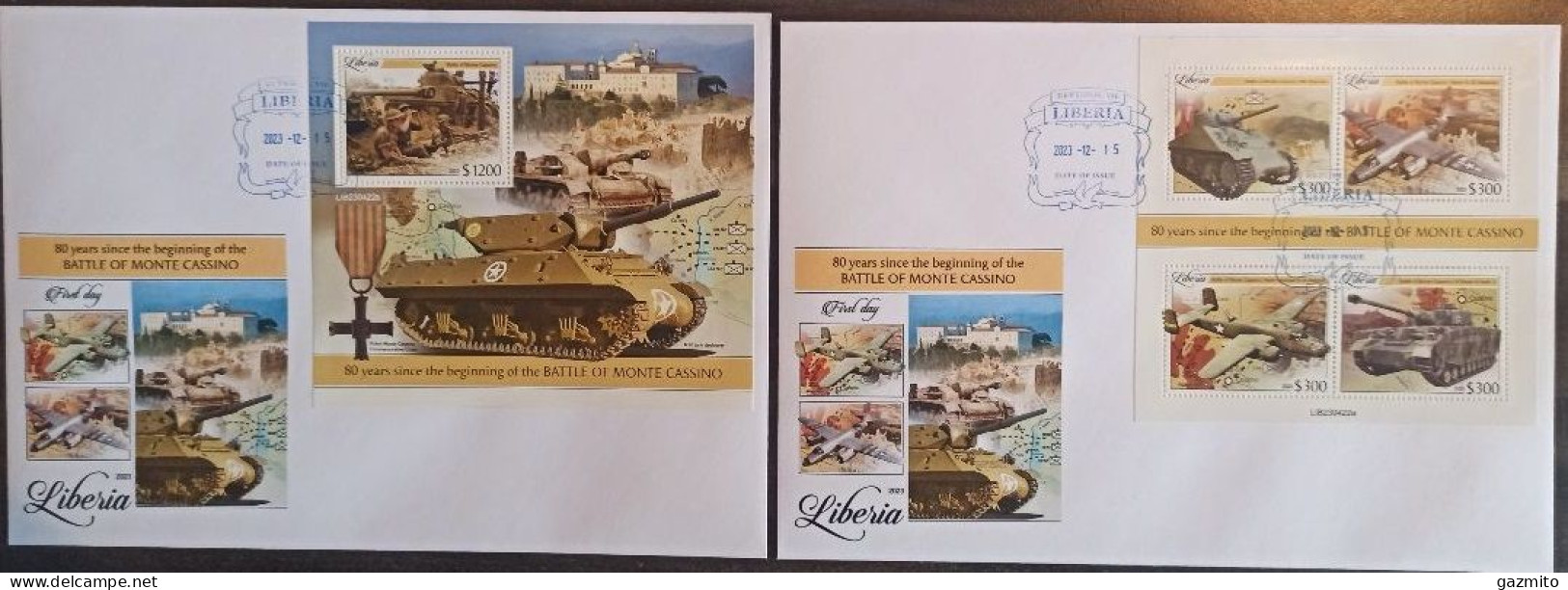 Liberia 2023, WWII, Battle Of Cassino, 4val In BF +BF In 2FDC - Militares