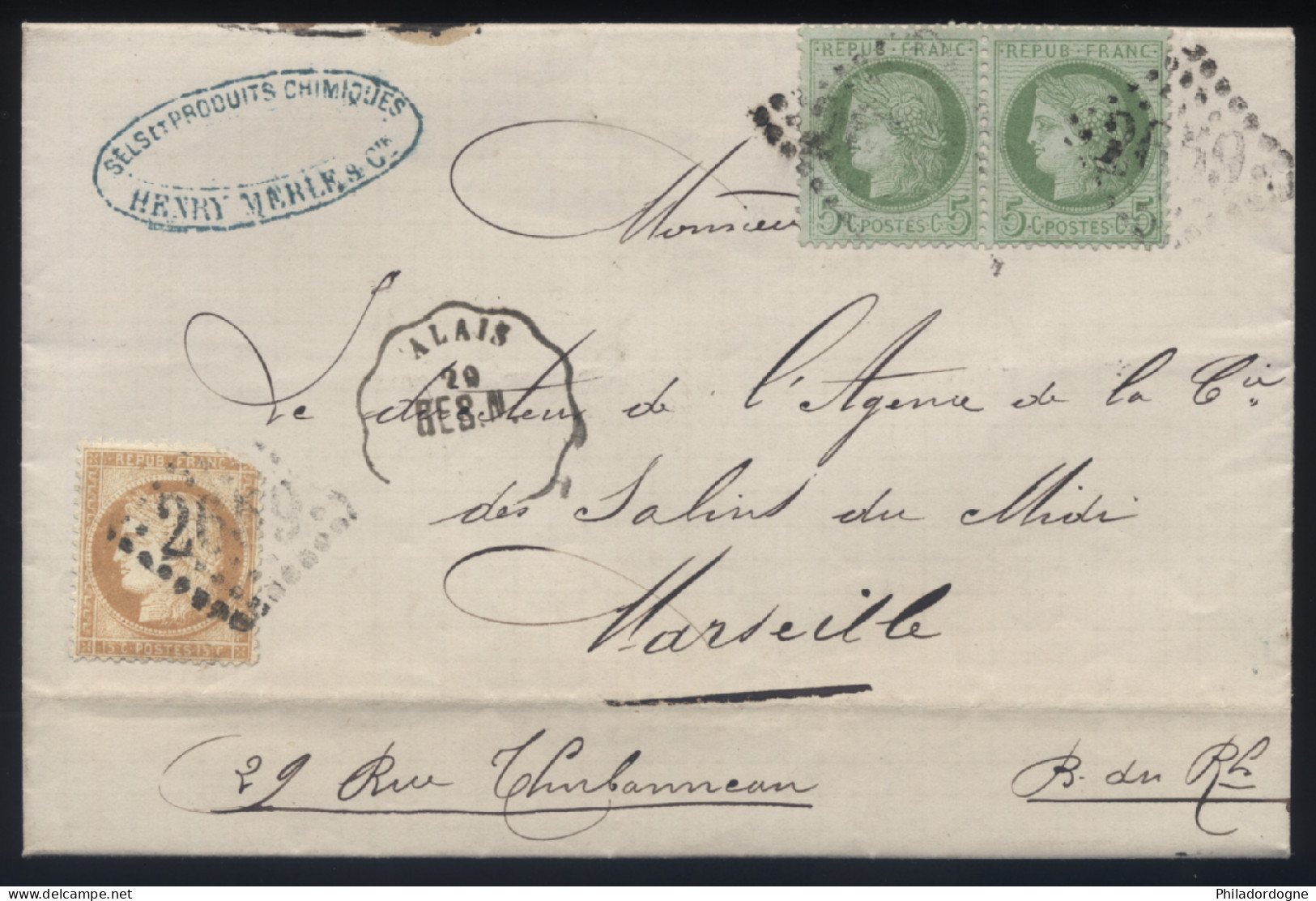 France - Yvert N° Paire Du 53 Et 59 Sur Jolie Facture Obl GC 2659 Convoyeur Alais Pour Marseille - 09/1873 - 1849-1876: Klassieke Periode