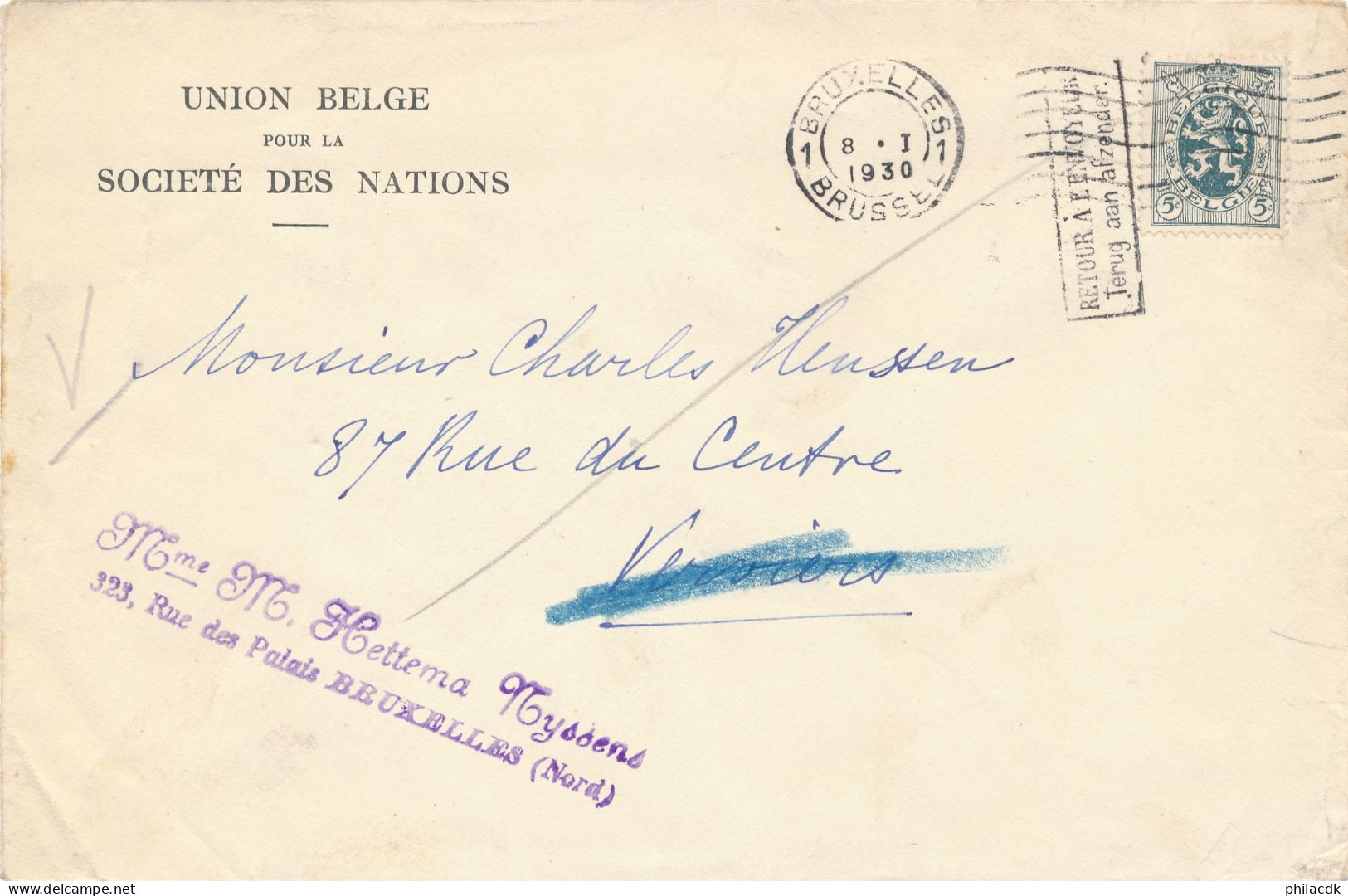 BELGIQUE - TIMBRE SUR ENVELOPPE OBLITEREE CACHET RETOUR A L ENVOYEUR CAD BRUXELLES DU 8 JANVIER 1930 - Brieven En Documenten