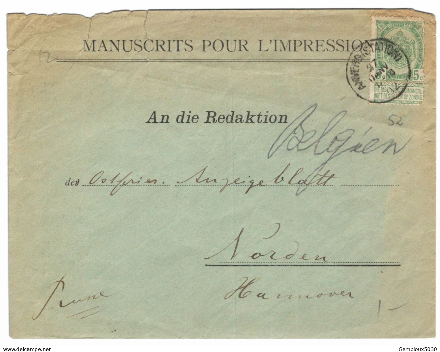 (01) Belgique  N° 56 Sur Enveloppe écrite D'Anvers Vers Norden Hanover Voir état - 1893-1907 Coat Of Arms