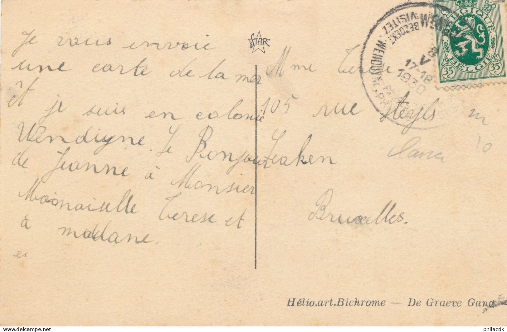 BELGIQUE - TIMBRE SUR CARTE POSTALE WENDUYNE LA PLAGE A L HEURE DES BAINS OBLITEREE DU 8 MAI 1930 POUR BRUXELLES - Covers & Documents