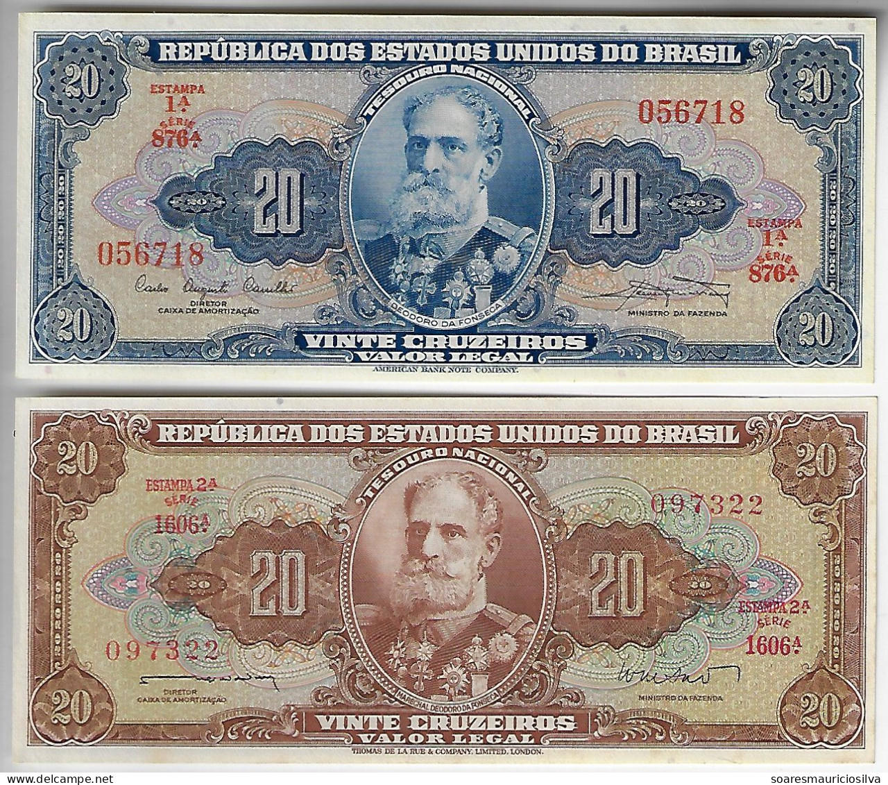 Brazil 2 Banknote Marshal Deodoro Da Fonseca 20 Cruzeiros Amato-22 Pick-186a 1961 UNC + Amato-88 Pick-178 1962 UNC - Brazilië