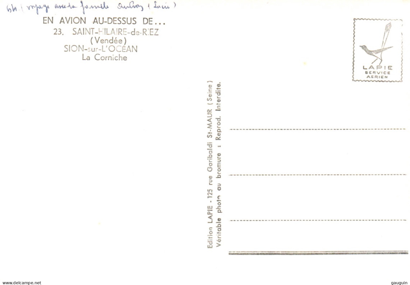 CPSM - St HILAIRE De RIEZ - SION S/L'OCÉAN - La Corniche ... En Avion Au Dessus - Edition Lapie - Saint Hilaire De Riez