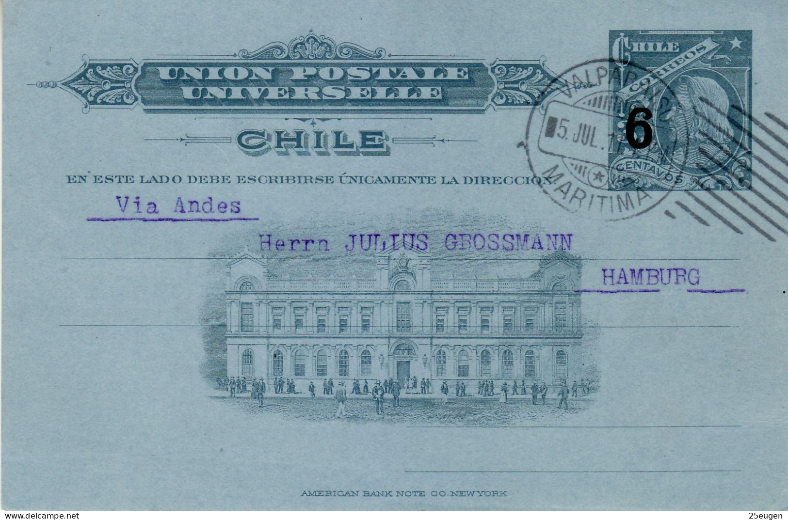 CHILE 1911 POSTCARD SENT FROM VALPARAISO TO HAMBURG - Cile