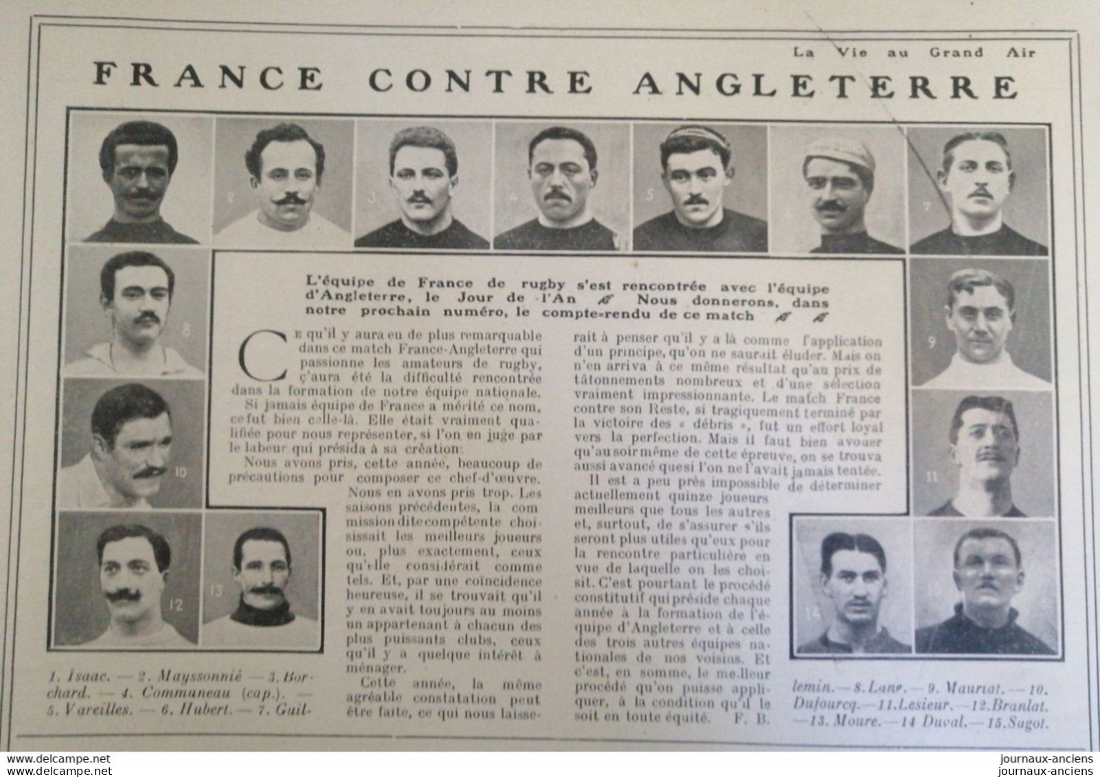 1908 RUGBY - FRANCE = ANGLETERRE - L'ÉQUIPE DE FRANCE - COMMUNEAU CAPITAINE - LA VIE AU GRAND AIR - 1900 - 1949