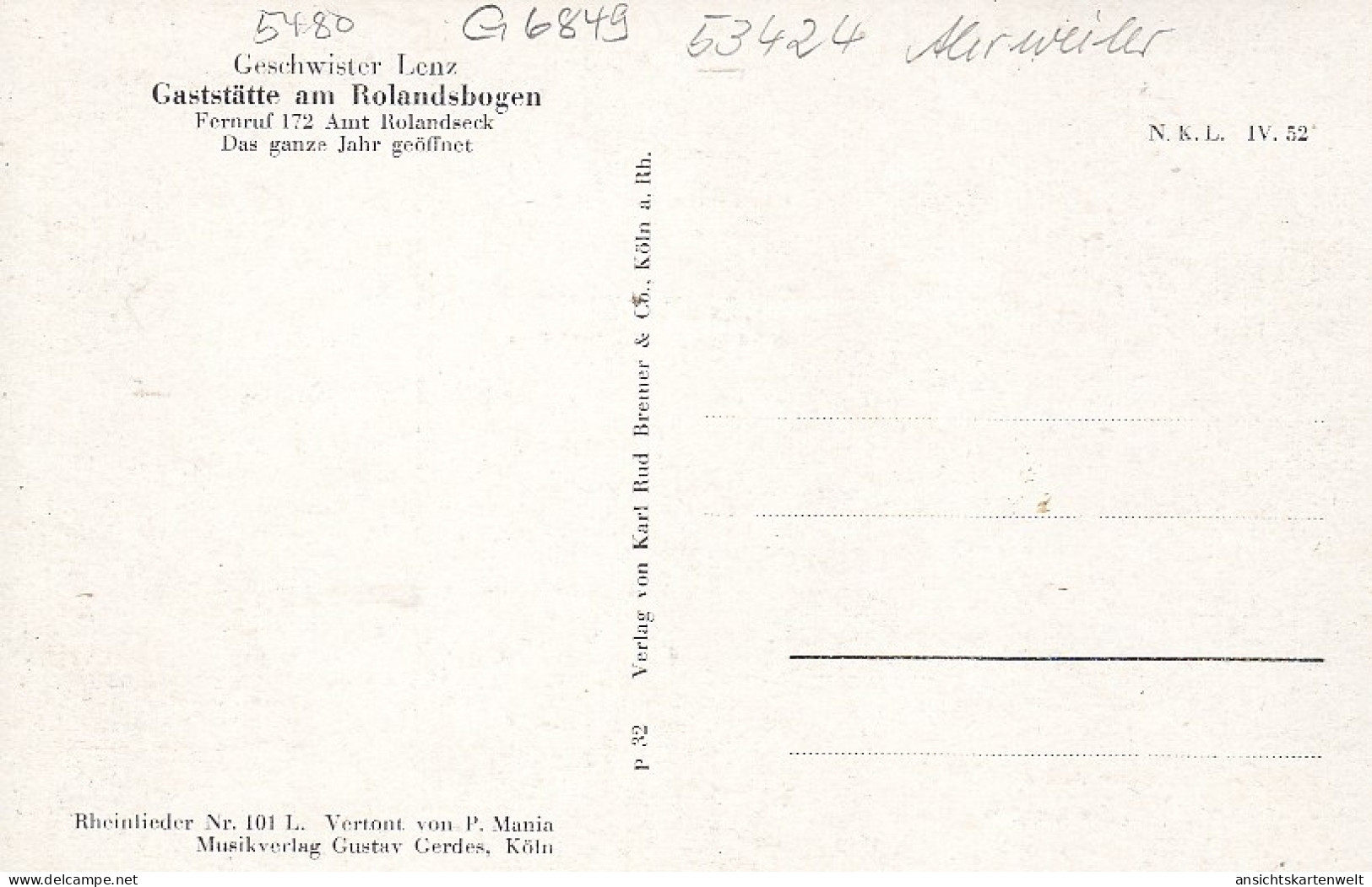 Rolandsbogen, Blick Auf Drachenfels, Liedtext Im Rolandsbogen Ngl #G6849 - Other & Unclassified