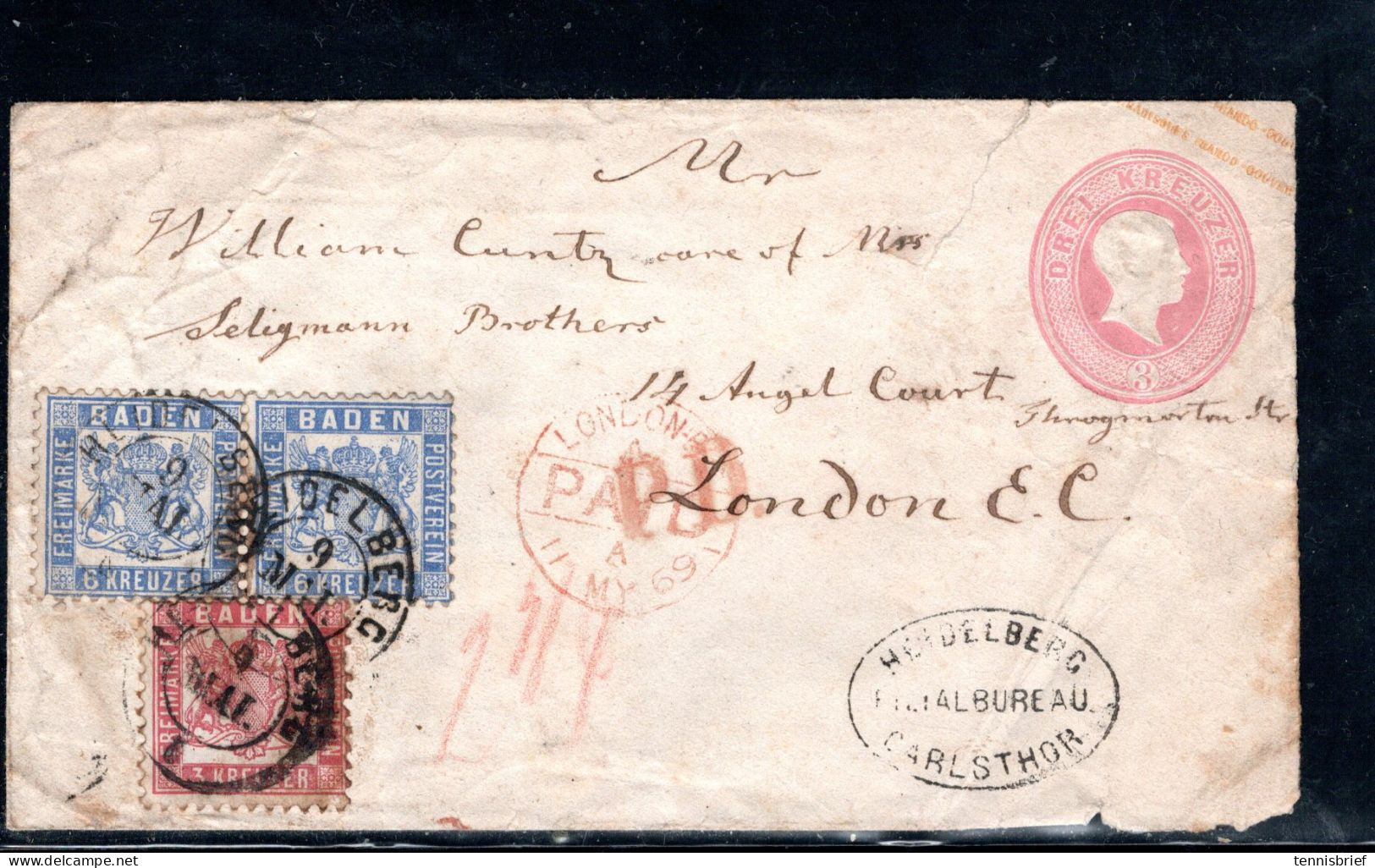 3 Kr. Und 6 Kr. Paar, Auf GA -Umschlag 3 Kr. ,klar  " HEIDELBERG " Mit Postablage-Stp. Nach London 18 Kr. Frankat. ,#141 - Covers & Documents