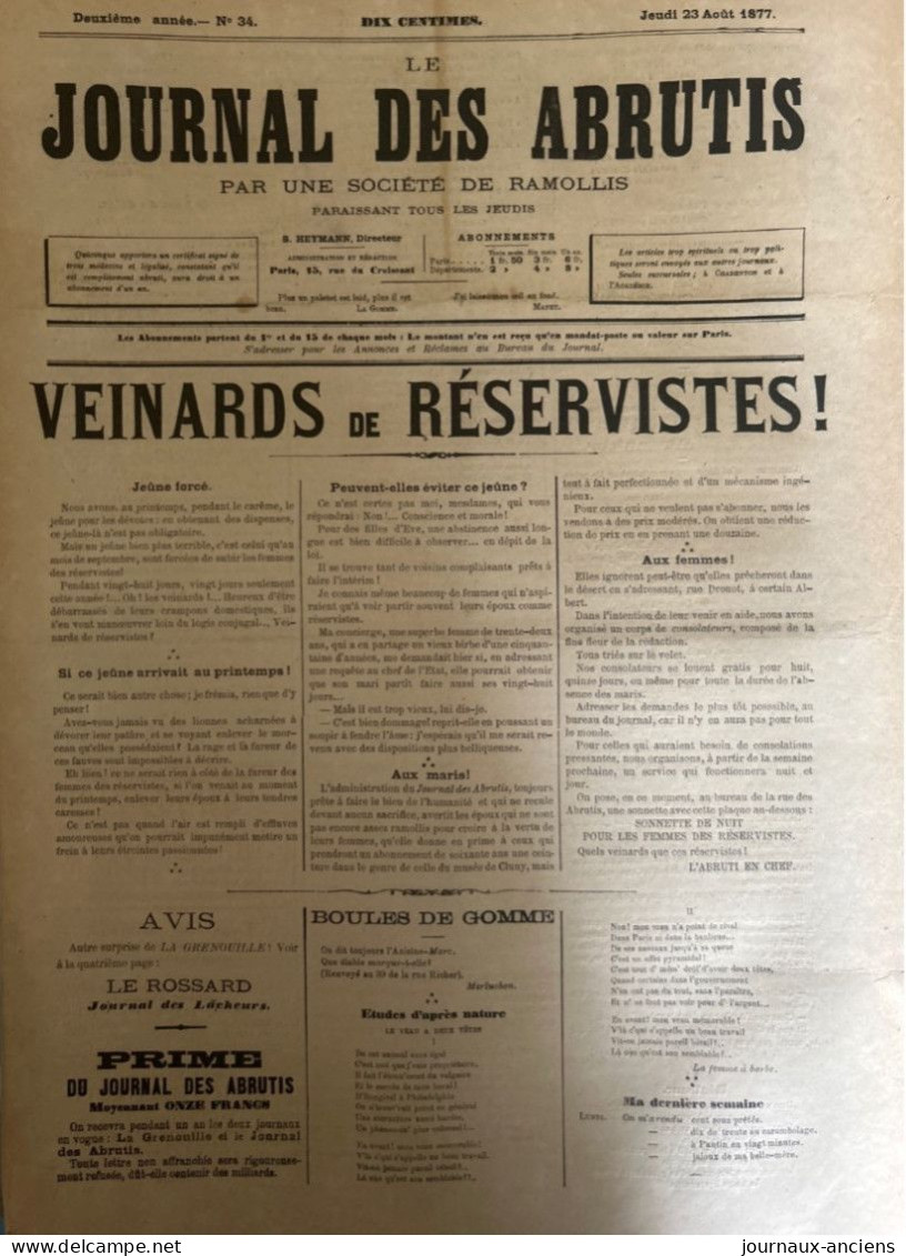 1877 LE JOURNAL DES ABRUTIS - VEINARDS DE RÉSERVISTES - GAGNY - ROMAINVILLE - NOGENT SUR MARNE - CLOCHES DE CORNEVILLE - 1850 - 1899