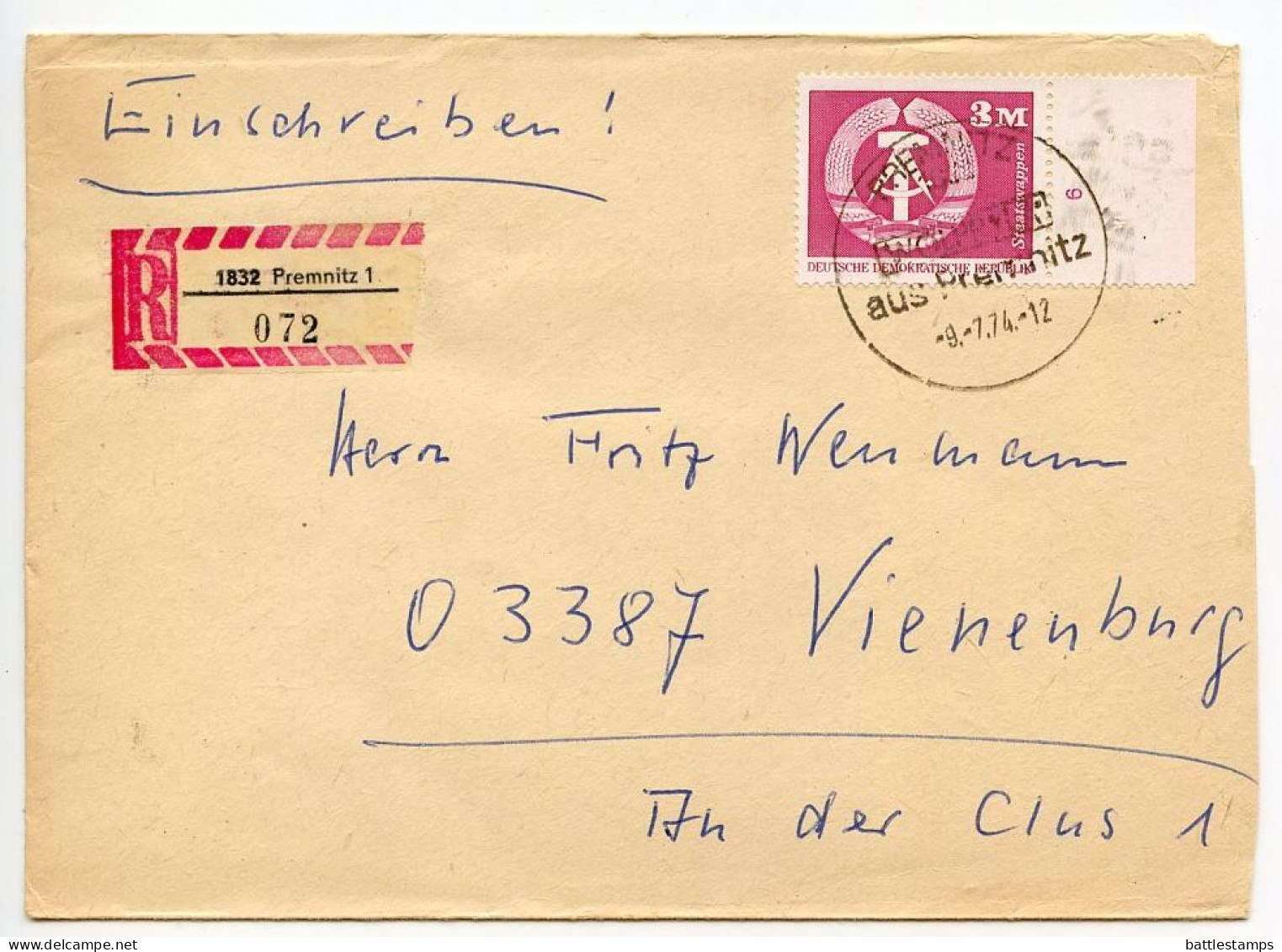 Germany, East 1974 Registered Cover; Premnitz To Vienenburg; 3m. Arms Of The Republic Stamp - Covers & Documents