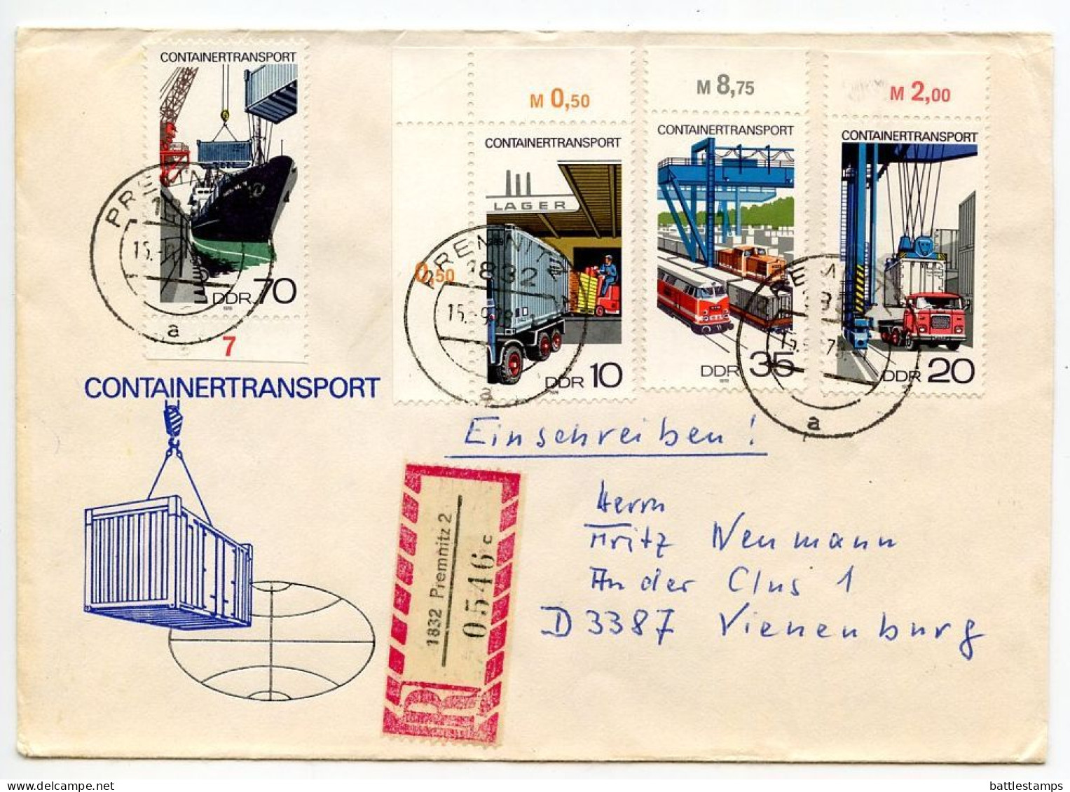 Germany, East 1978 Registered Cover; Premnitz To Vienenburg; Container Transportation Stamps - Full Set - Lettres & Documents