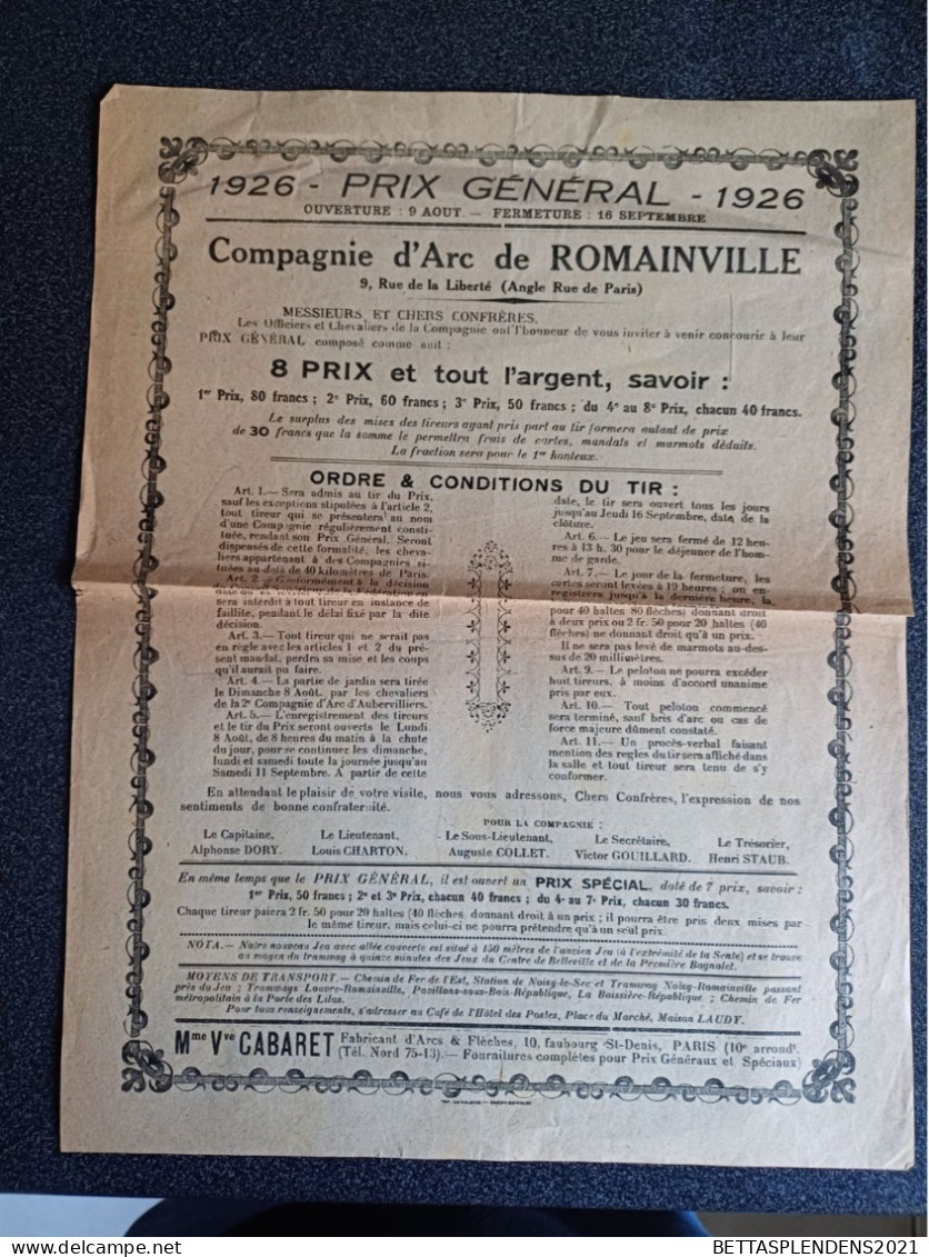 ROMAINVILLE - 1926 Prix Général - Compagnie D'Arc De Romainville - Ordre & Conditions Du Tir - Affiches