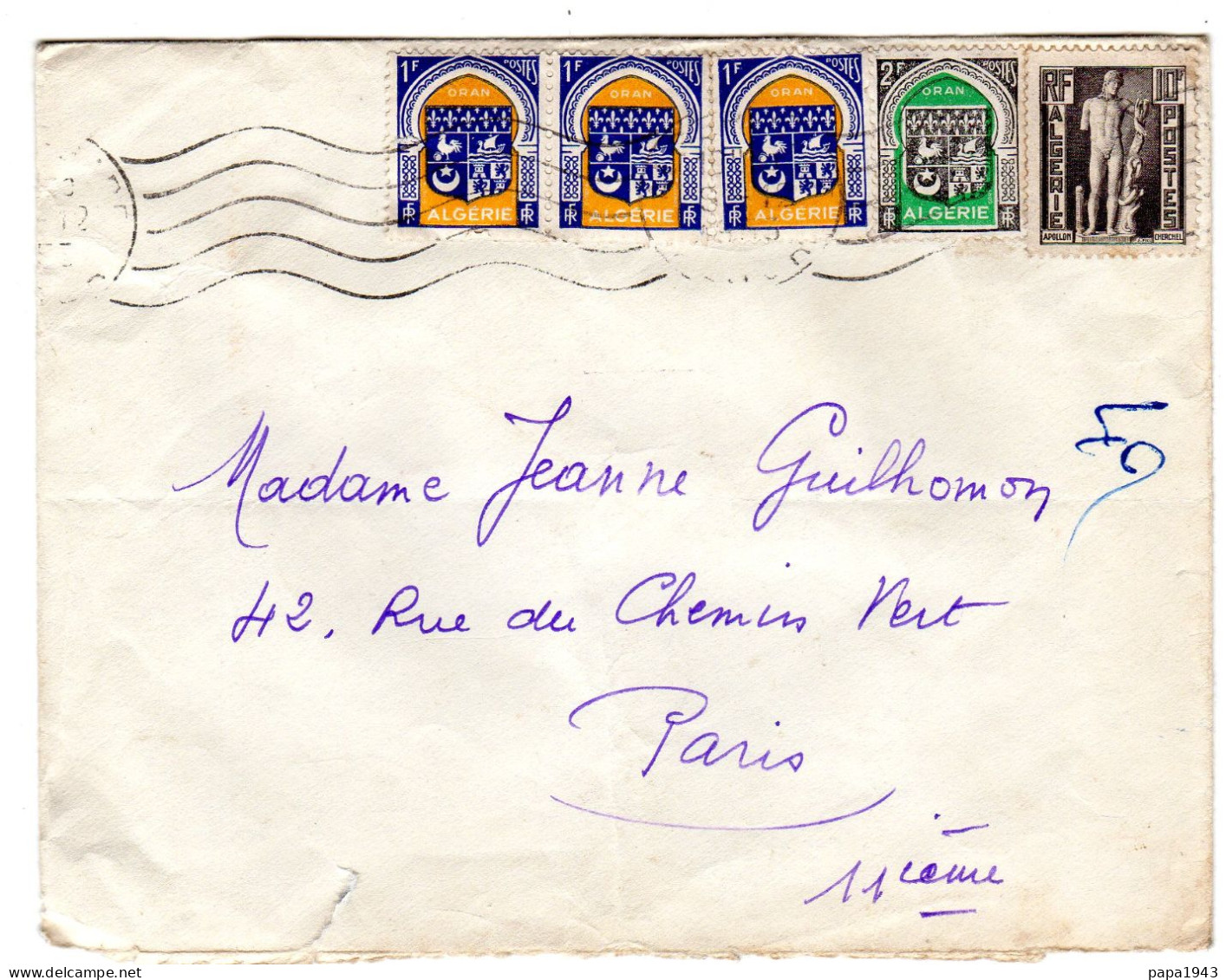 1944  Envoyée D' ALGERIE  Blasons ALGERIE 3 X 1f + 2f + Apollon 10f - Lettres & Documents