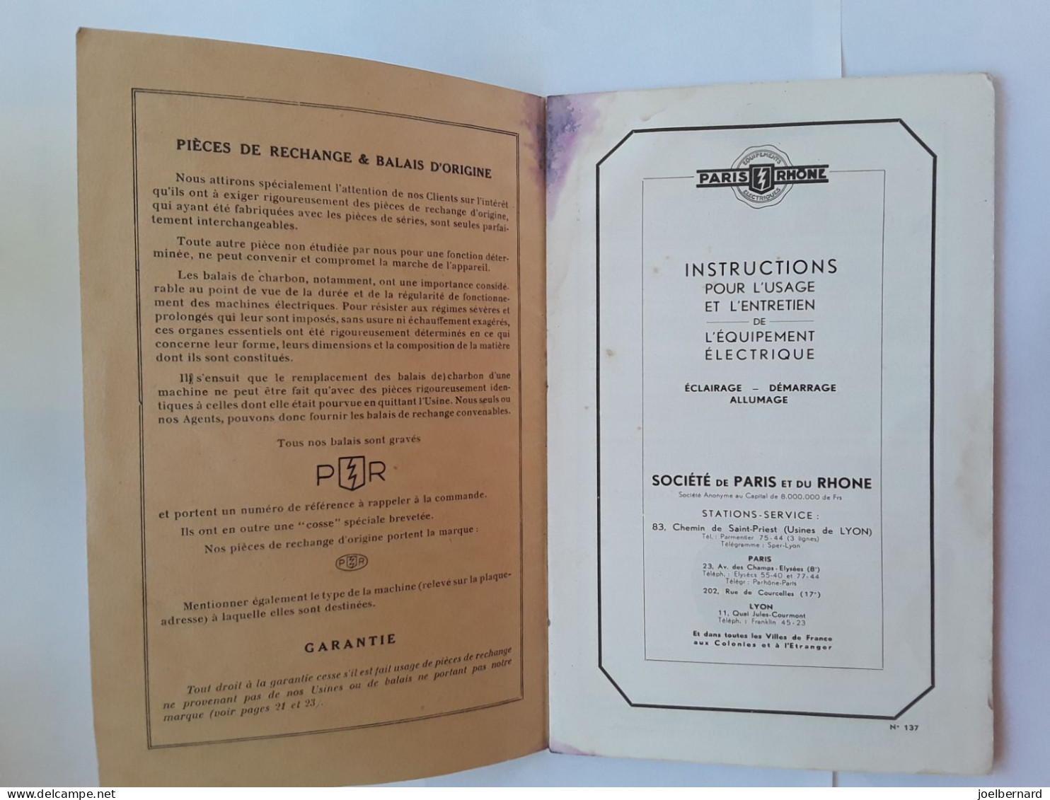 PARIS RHÔNE ÉQUIPEMENTS ÉLECTRIQUES. NOTICE USAGE ET ENTRETIEN - Reclame