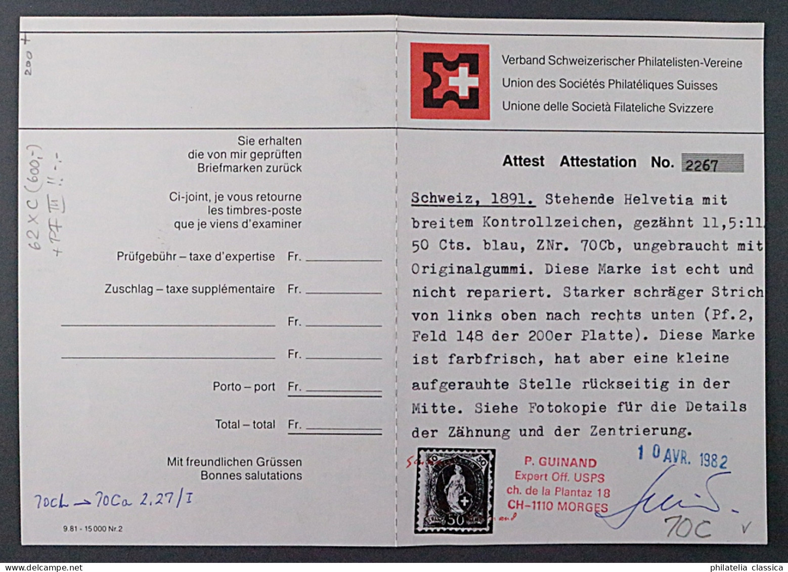 Schweiz  62 XC II, * 50 Rp WZ X, Zähnung C, PLATTENFEHLER, Fotoattest KW 940,- € - Ongebruikt