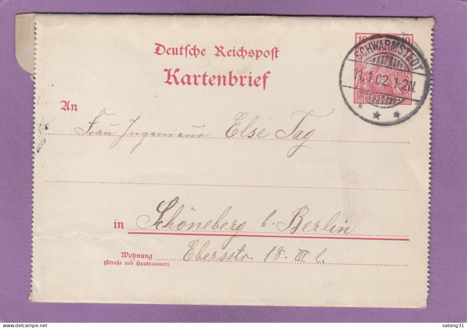 KARTENBRIEF AUS SCHWARMSTEDT NACH SCHÖNBERG BEI BERLIN,1902. - Buste