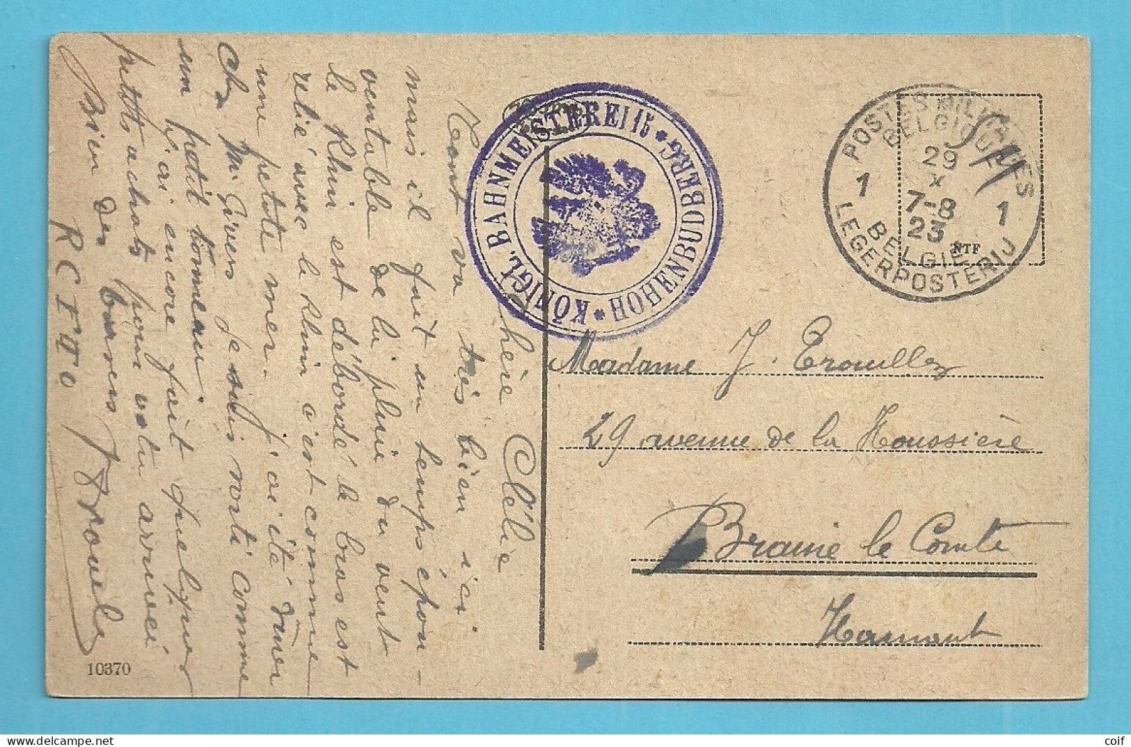 Kaart Stempel PMB 1 Op 29/10/23 Met Stempel KONIGL.BAHNMEISTEREI 15 / HOHENBUDBERG - Storia Postale