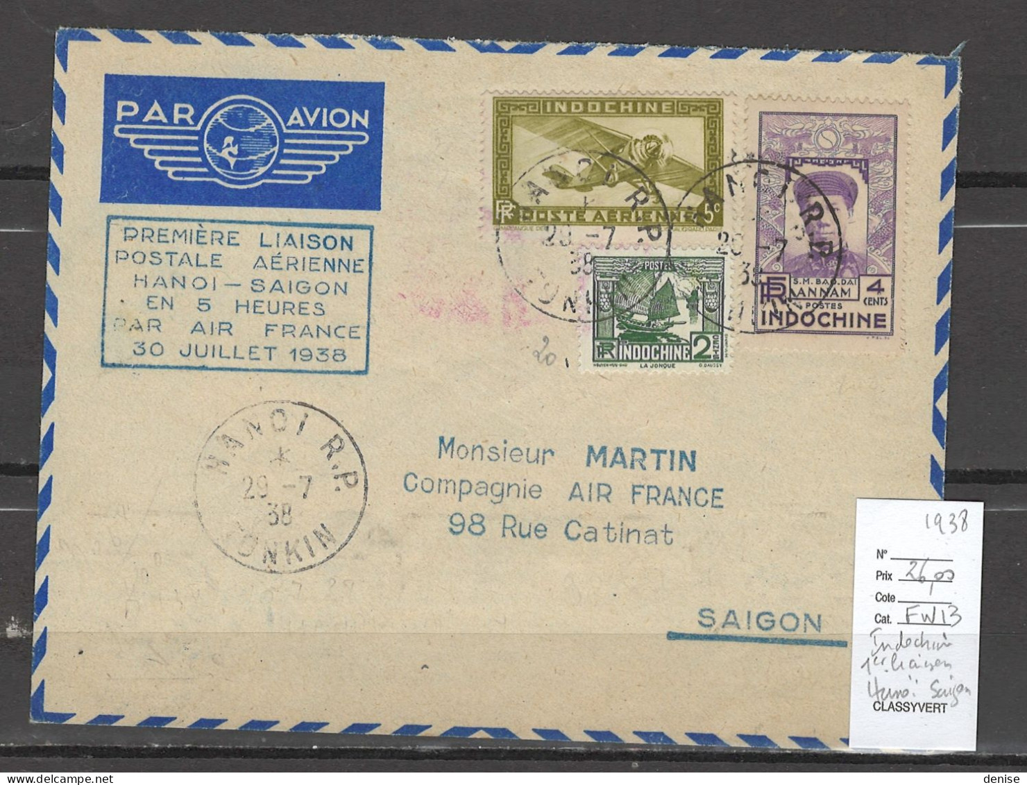 Indochine - 1er Liaison Hanoi Saigon - 1938 - Lettres & Documents