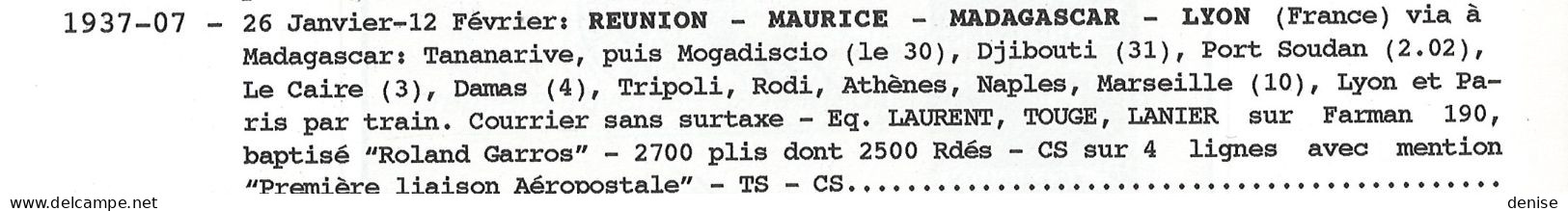 Réunion -1er Vol Pour La France - 25/01/1937 - Avec Yvert  PA No 1 - Avion Roland Garros - Posta Aerea