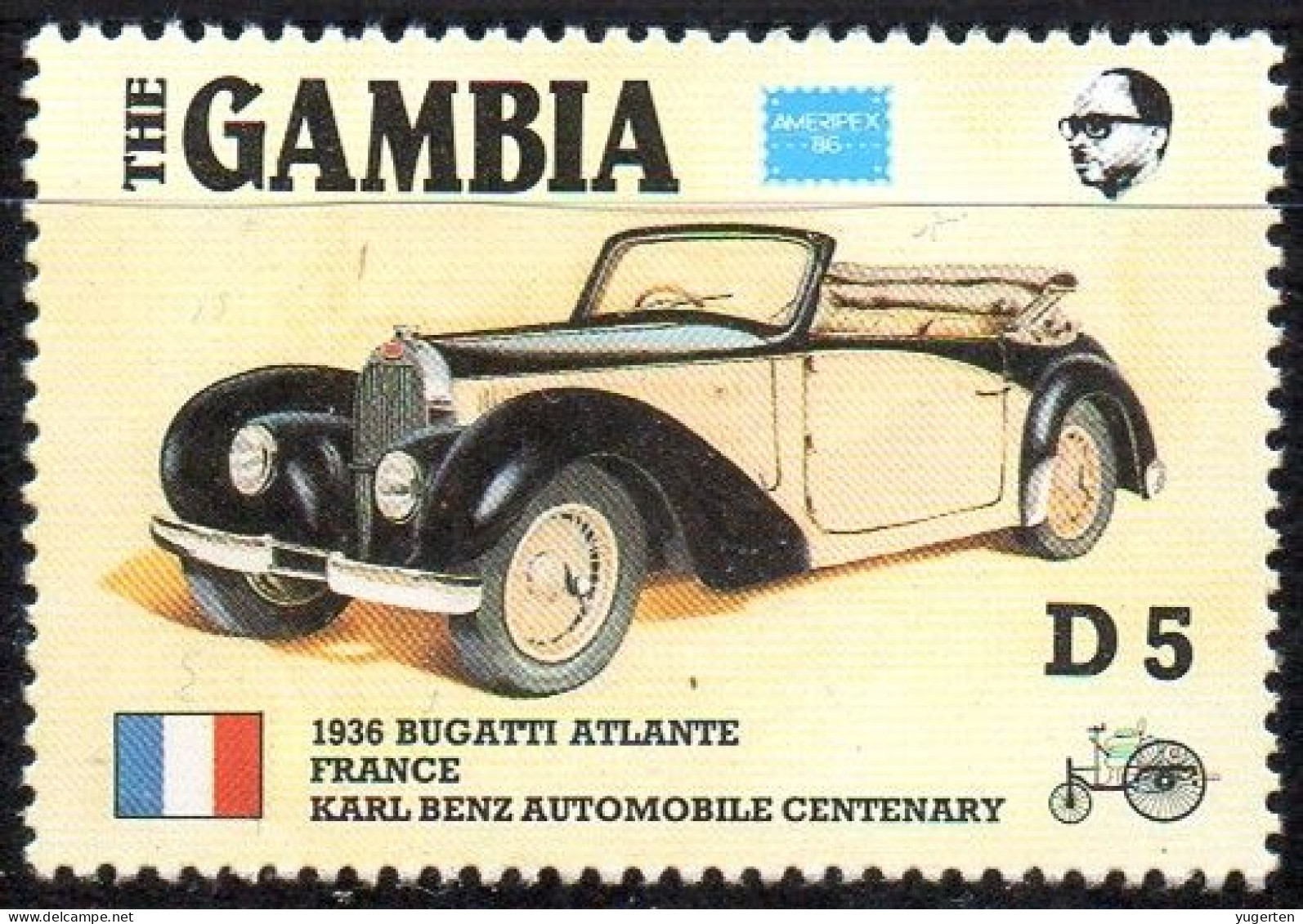 GAMBIA 1986 - 1v - MNH - France - Bugatti Automobiles - Cars - Autos - Voitures - Auto - Coches автомобилей - 汽车 - Flag - Cars