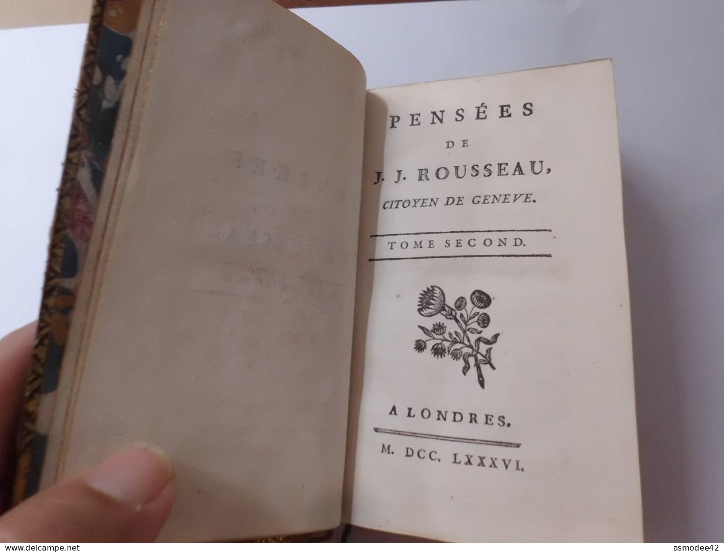 PENSEES  DE ROUSSEAU   1786 TOME 2 SEUL  LIVRE ANCIEN XVIIIème  DIM 12,5 X 7,5 cm