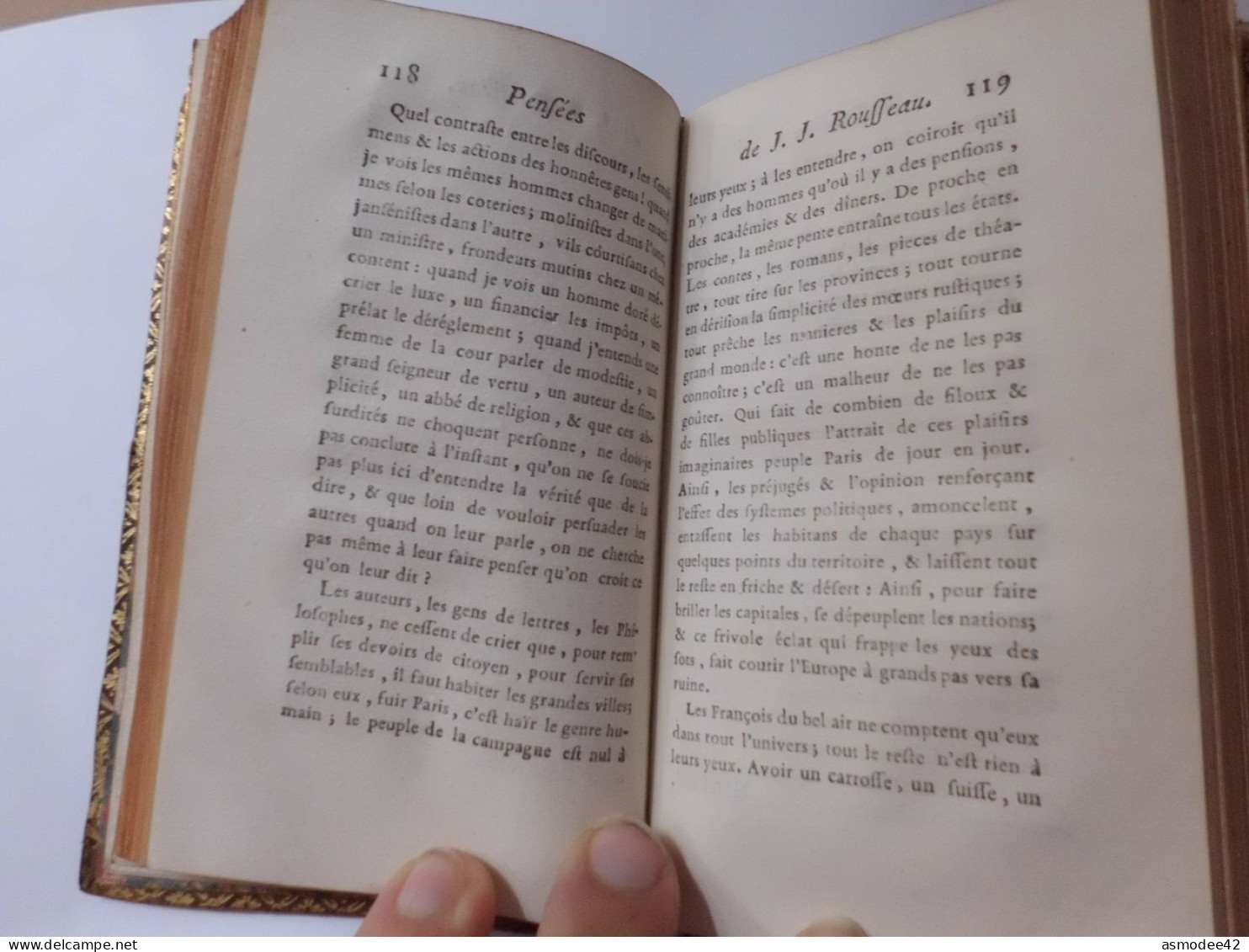 PENSEES  DE ROUSSEAU   1786 TOME 2 SEUL  LIVRE ANCIEN XVIIIème  DIM 12,5 X 7,5 cm