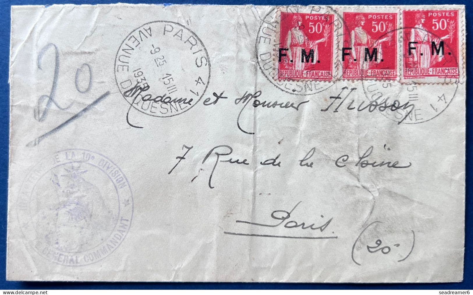 Lettre Pneumatique FM Grand Cachet Militaire LE GENERAL COMMANDANT N°7 X3 Dateur PARIS / AVENUE DUQUESNE RR - Francobolli  Di Franchigia Militare