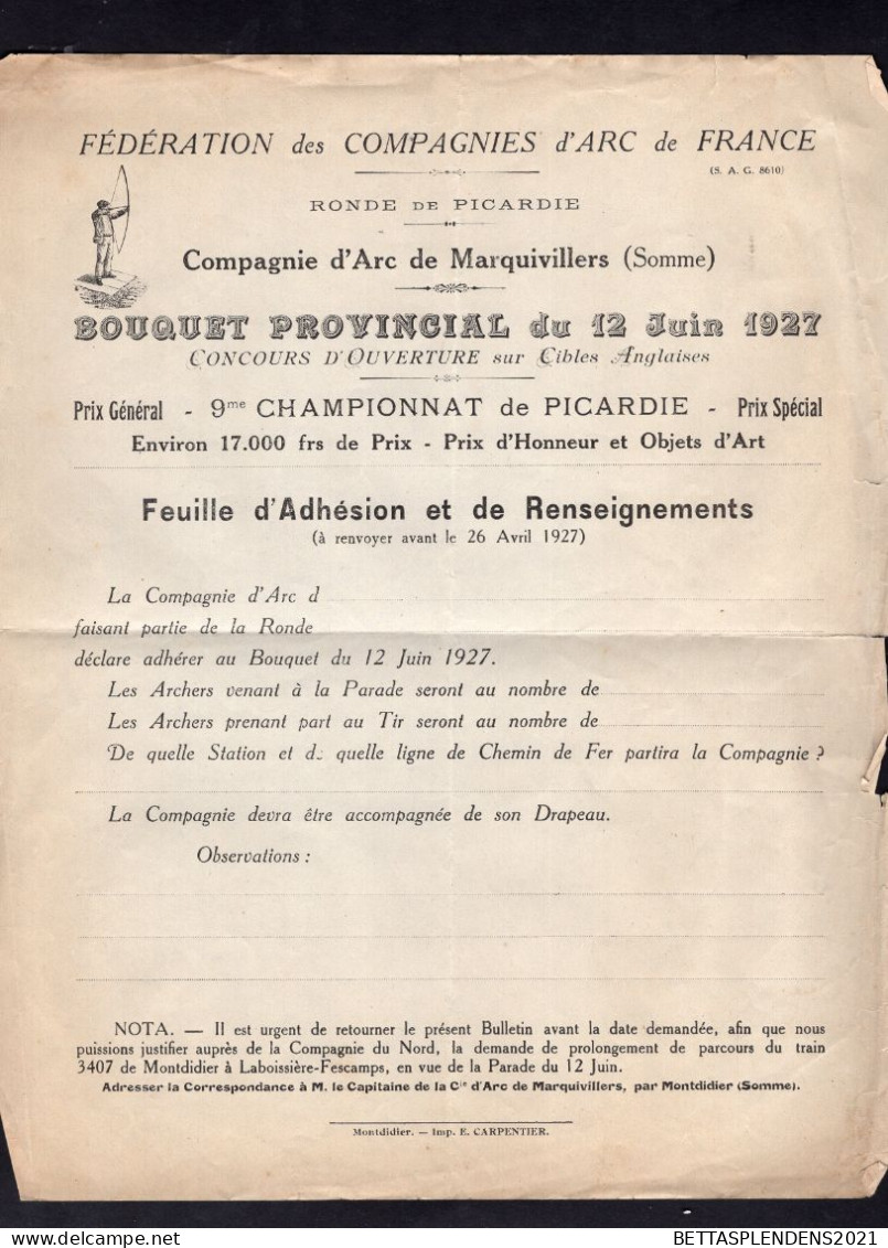 MARQUIVILLERS (Somme) - Feuille D'adhésion BOUQUET PROVINCIAL 12 JUIN 1927 - Compagnie D'Arc De Marquivillers - Sin Clasificación