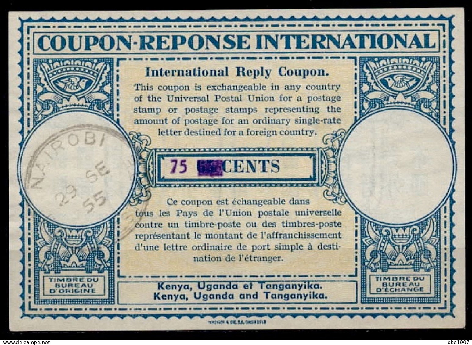 KENYA, UGANDA And TANGANIYKA  Lo15A  75 / 65 CENTS International Reply Coupon Reponse  IRC IAS  NAIROBI 29.09.55 - Kenya, Oeganda & Tanganyika