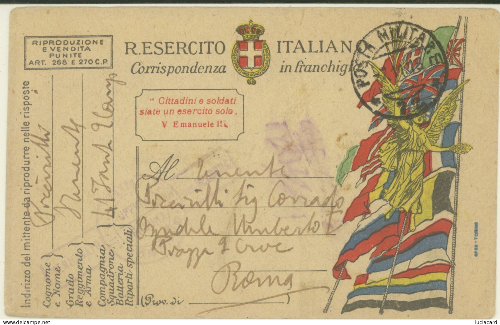 CARTOLINA IN FRANCHIGIA ESERCITO ITALIANO POSTA MILITARE 1918 - Guerre 1914-18