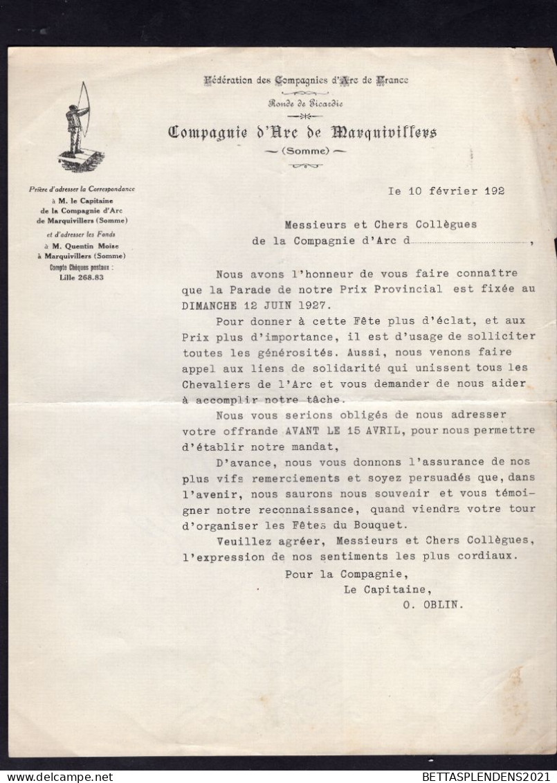 MARQUIVILLERS - Courrier à Entête COMPAGNIE D'ARC DE MARQUIVILLERS - Ronde De Picardie - 1900 – 1949