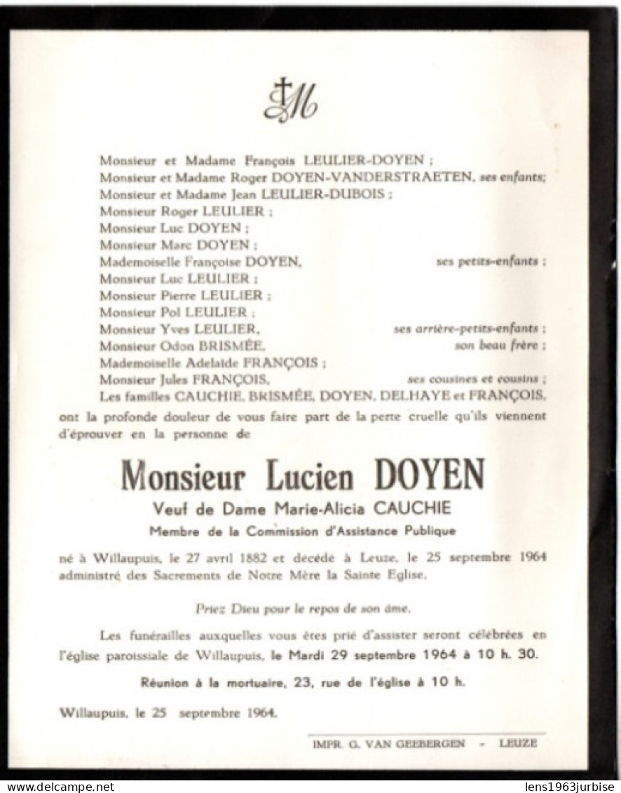 Willaupuis 27 Avril 1882 , Leuze 25 Septembre 1964, Lucien Doyen - Todesanzeige