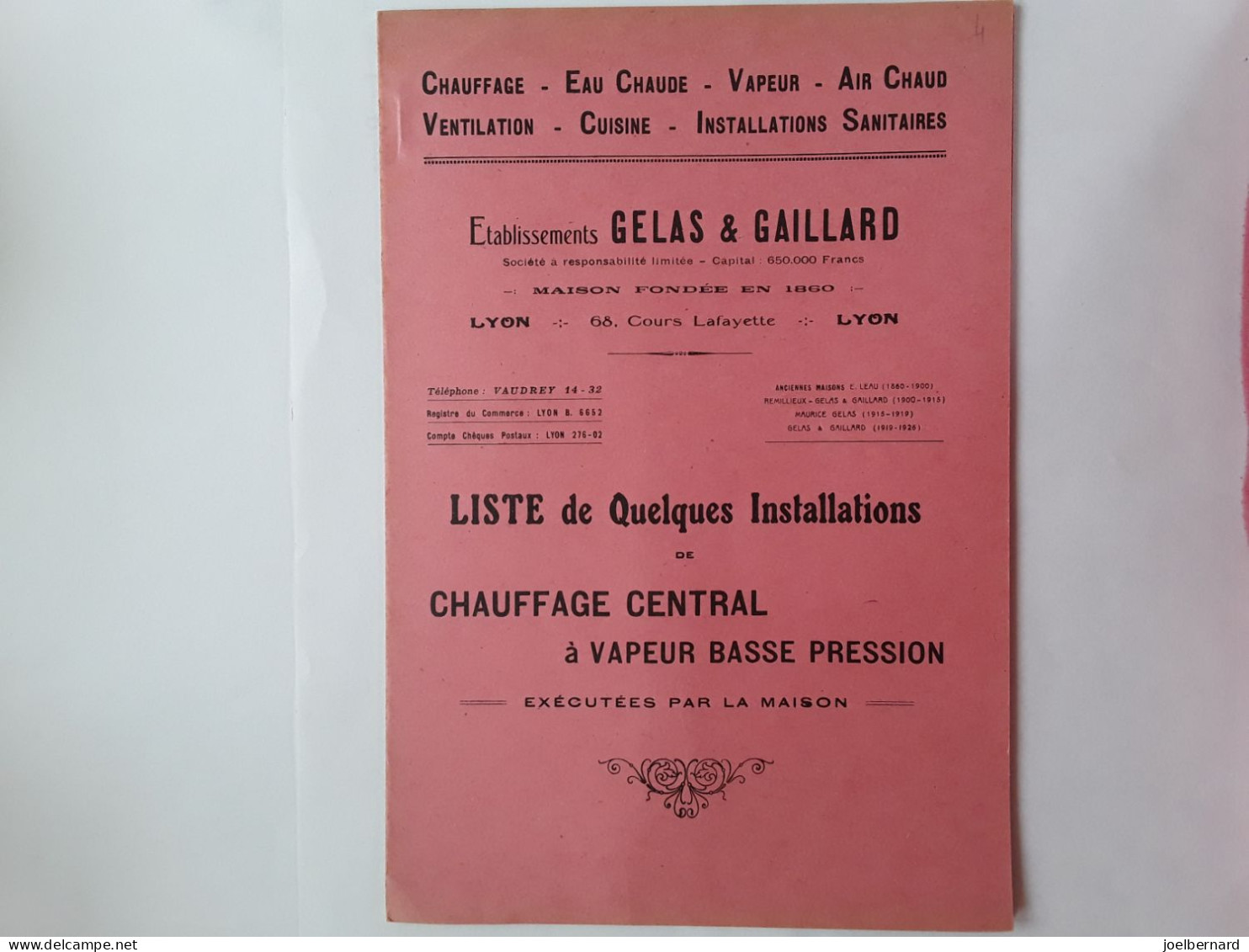 ETS GELAS & GAILLARD LYON CHAUFFAGE CENTRAL  BROCHURE - Reclame