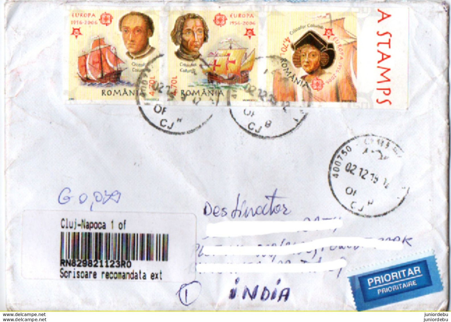 Romania - 2005 -  The 50th Anniversary Of  EUROPA -  Imper Set Used On Registered Cover To India. ( OL 11/01/2020 ) - Brieven En Documenten