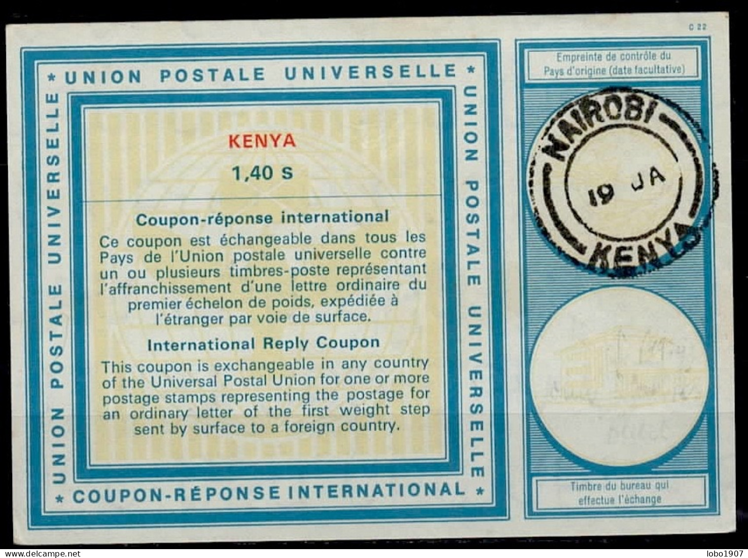 KENYA  Vi21  1,40 S  International Reply Coupon Reponse  IRC IAS Cupon Respuesta  NAIROBI 19.01. W/o Year - Kenya, Oeganda & Tanganyika