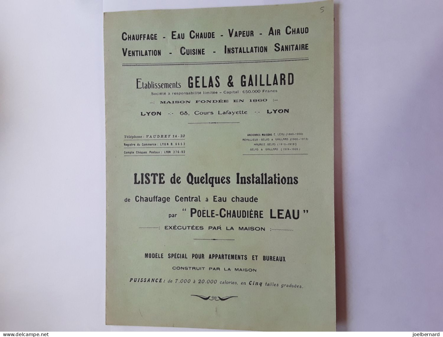 ETS GELAS & GAILLARD LYON POELE CHAUDIÈRE LEAU   BROCHURE - Publicidad