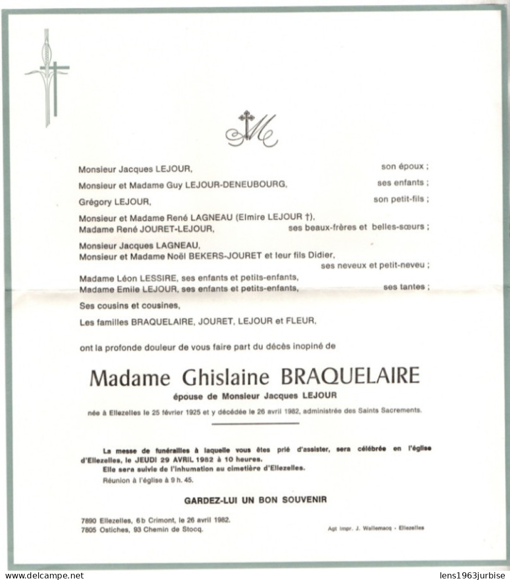 Ellezelles , 25 - 02 - 1925 - 26 - 04 - 1982 , Ghislaine Braquelaire - Décès