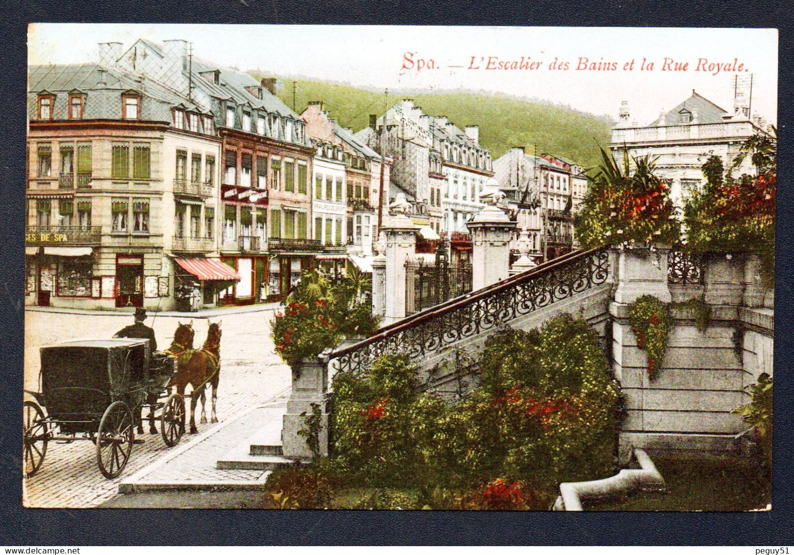 Spa. L'escalier Des Bains, La Rue Royale. Magasin D'habillement. Gravures De Sport. Hôtel-Restaurant Continental. 1913 - Spa