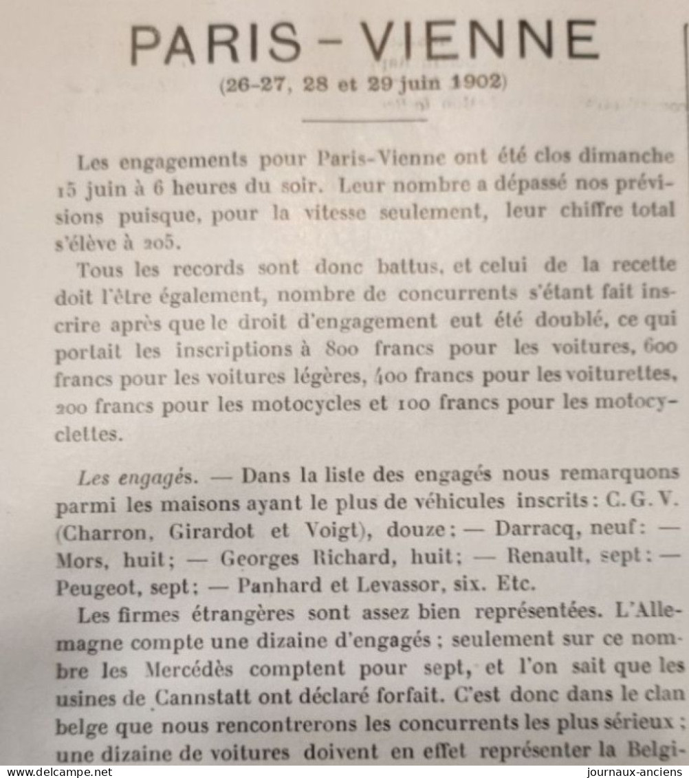 1902 Revue Automobile "  LA LOCOMOTION " - COURSE AUTOMOBILE " PARIS = VIENNE " - 1900 - 1949