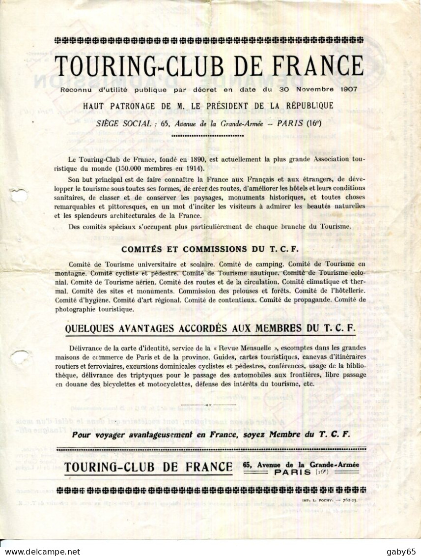 FACTURE.PARIS.DEMANDE D'ADMISSION AU TOURING-CLUB DE FRANCE.1920. - Sport & Tourismus