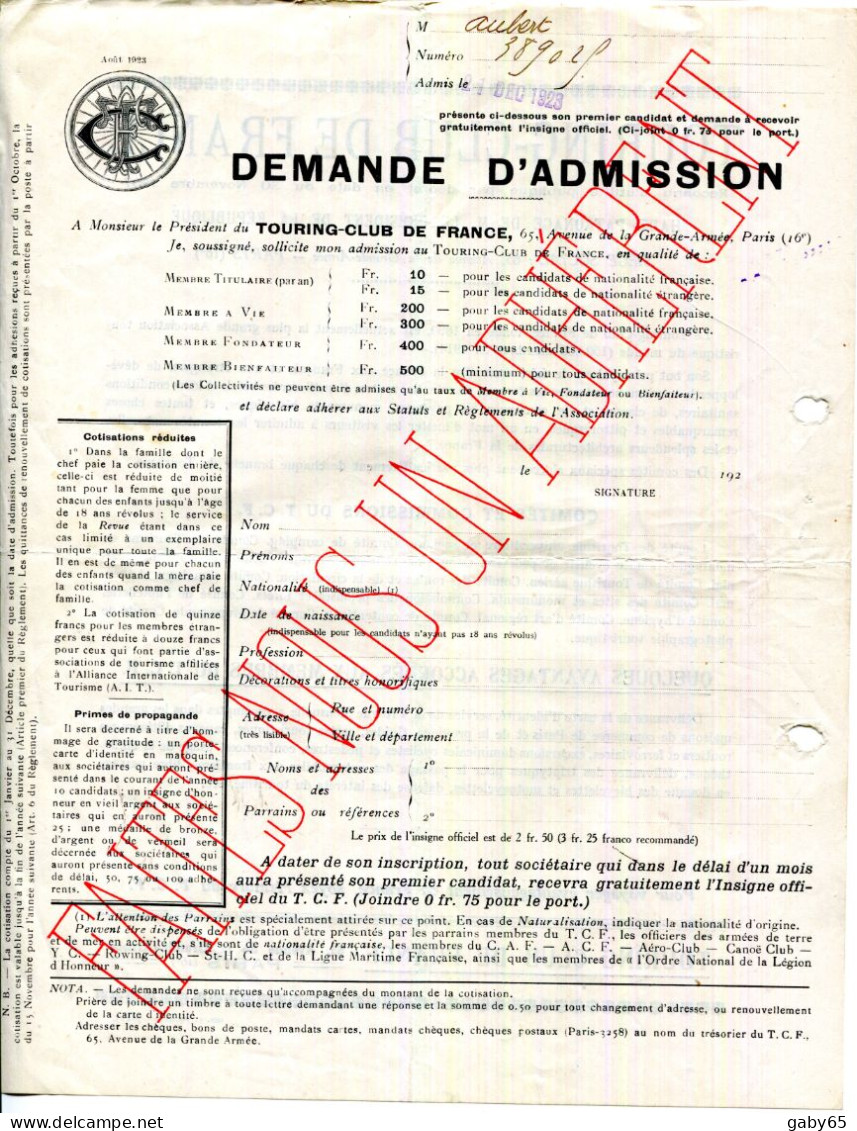 FACTURE.PARIS.DEMANDE D'ADMISSION AU TOURING-CLUB DE FRANCE.1920. - Sport & Turismo