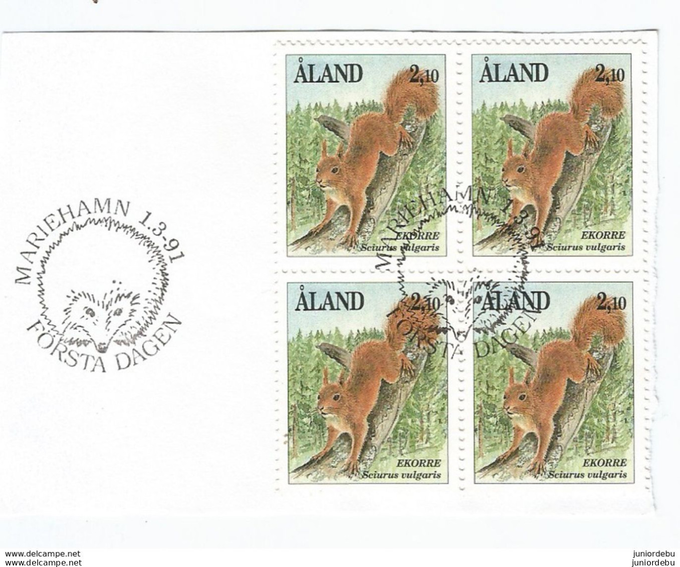 Aland - 1991 - Sciurus Vulgaris  - Block Of 4 With Post Mark On Paper.. ( Condition As Per Scan )  ( OL 24/04/2019 ) - Ålandinseln